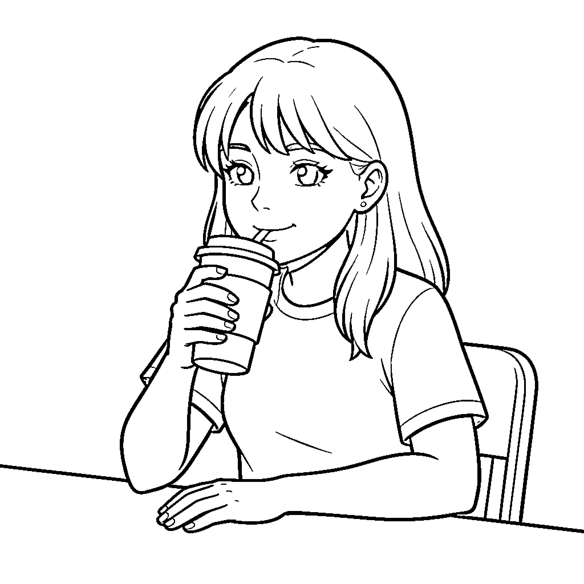 Girl sitting at a table sipping a drink Coloring Page (free black-and-white line drawing printable PDF for all, from beginners to advanced learners, including children, teens, adults, and seniors)