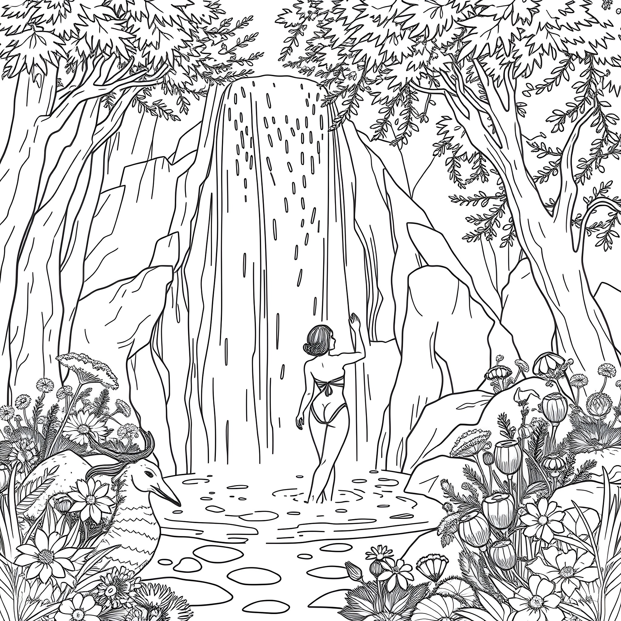Female Exploring Serene Waterfall in Lush Forest Coloring Page (free black-and-white line drawing printable PDF for all, from beginners to advanced learners, including children, teens, adults, and seniors)