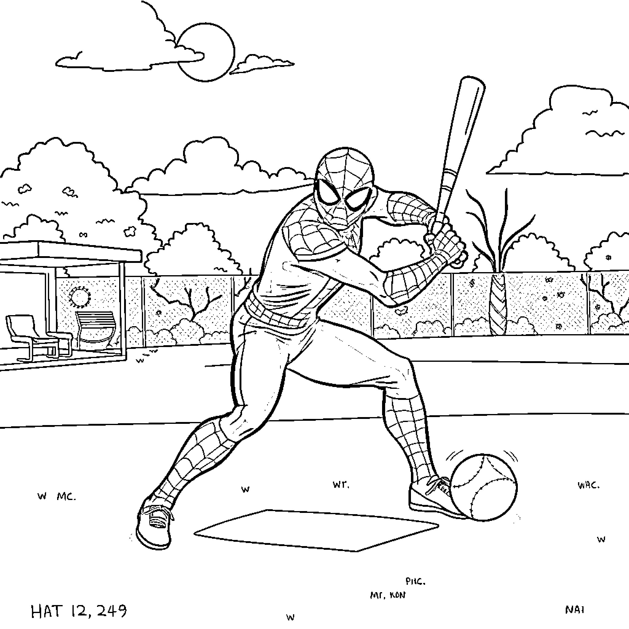 Spiderman playing baseball in the park Coloring Page (free black-and-white line drawing printable PDF for all, from beginners to advanced learners, including children, teens, adults, and seniors)