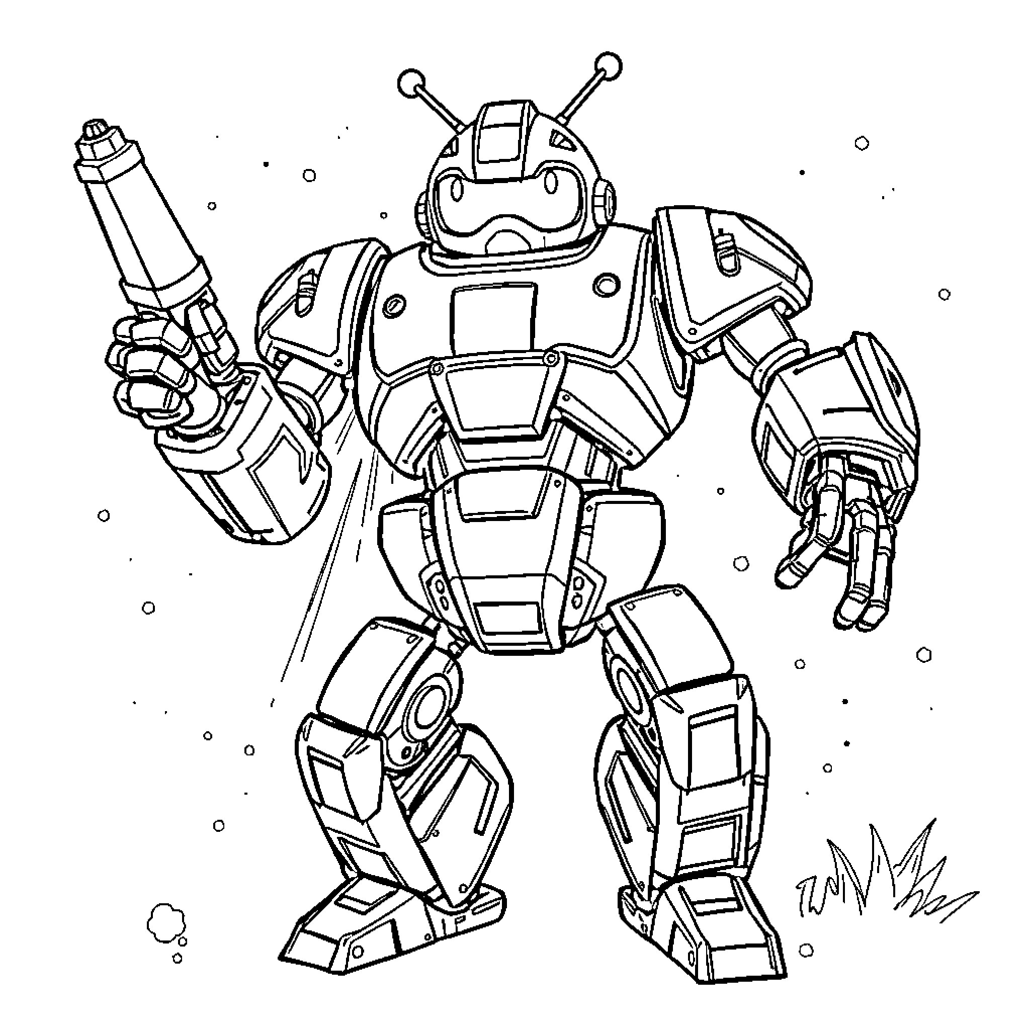 Patrouille of Futuristic Robotic Warrior Coloring Page (free black-and-white line drawing printable PDF for all, from beginners to advanced learners, including children, teens, adults, and seniors)