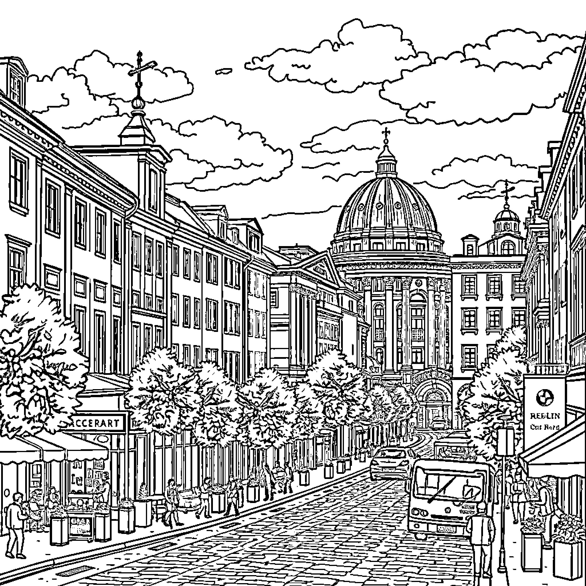 Berlin street scene with historic buildings and landmarks Coloring Page (free black-and-white line drawing printable PDF for all, from beginners to advanced learners, including children, teens, adults, and seniors)
