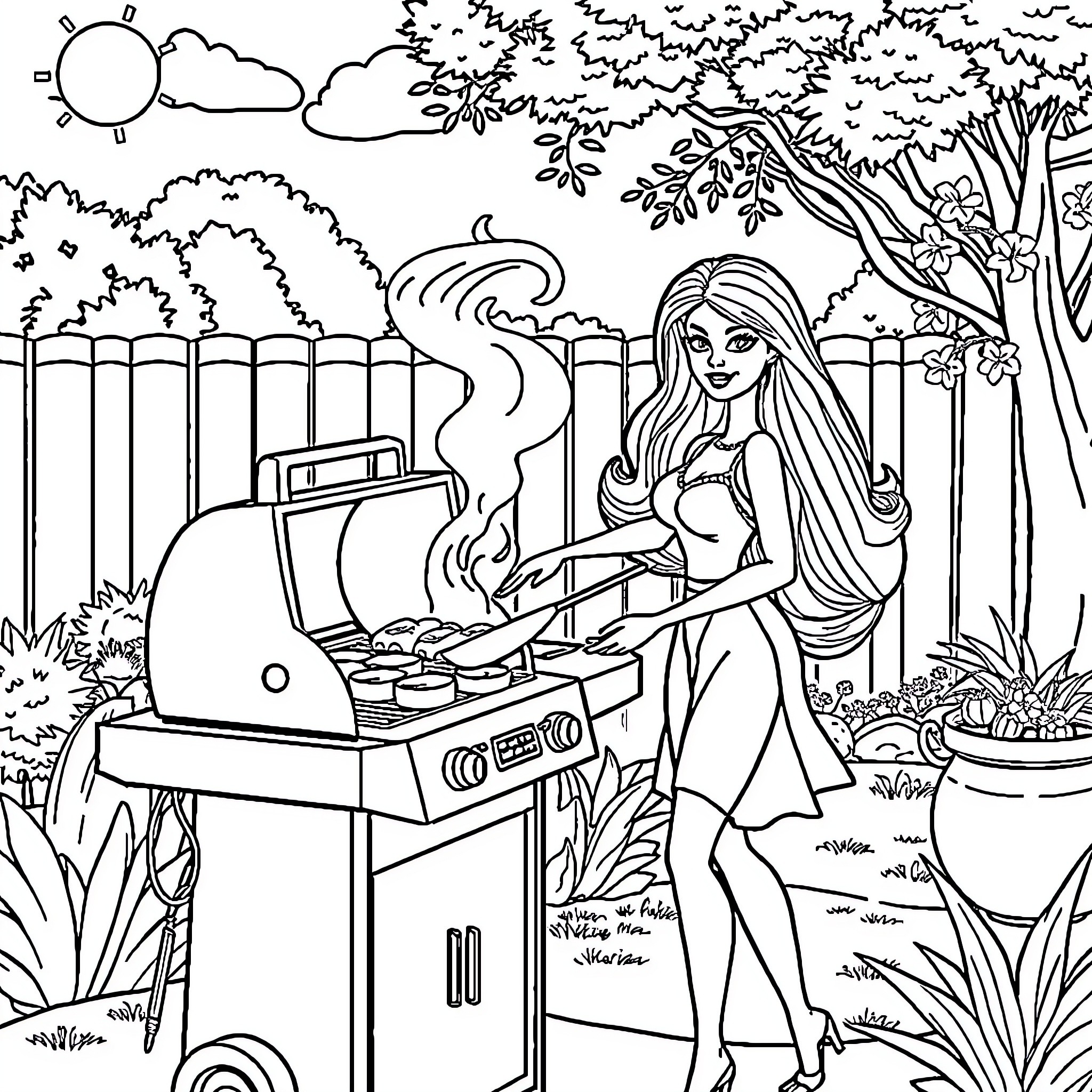 Barbie having a backyard BBQ in the garden Coloring Page (free black-and-white line drawing printable PDF for all, from beginners to advanced learners, including children, teens, adults, and seniors)