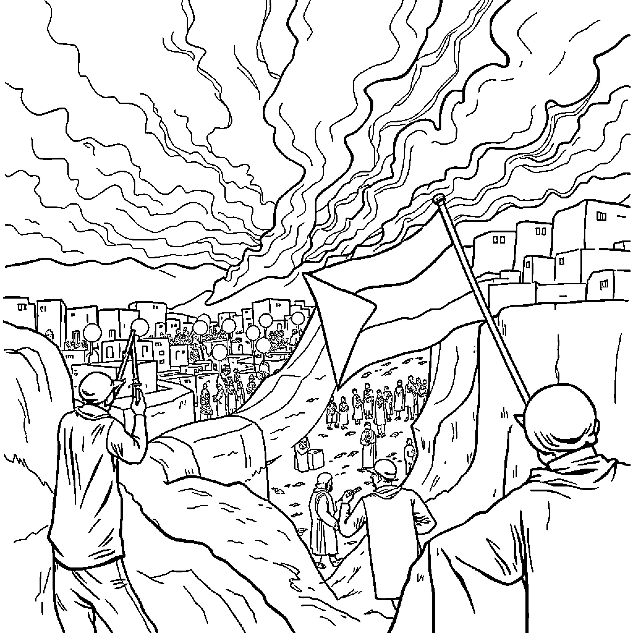 Israel's Protest March: Passionate Expressions and Unified Presence Coloring Page (free black-and-white line drawing printable PDF for all, from beginners to advanced learners, including children, teens, adults, and seniors)