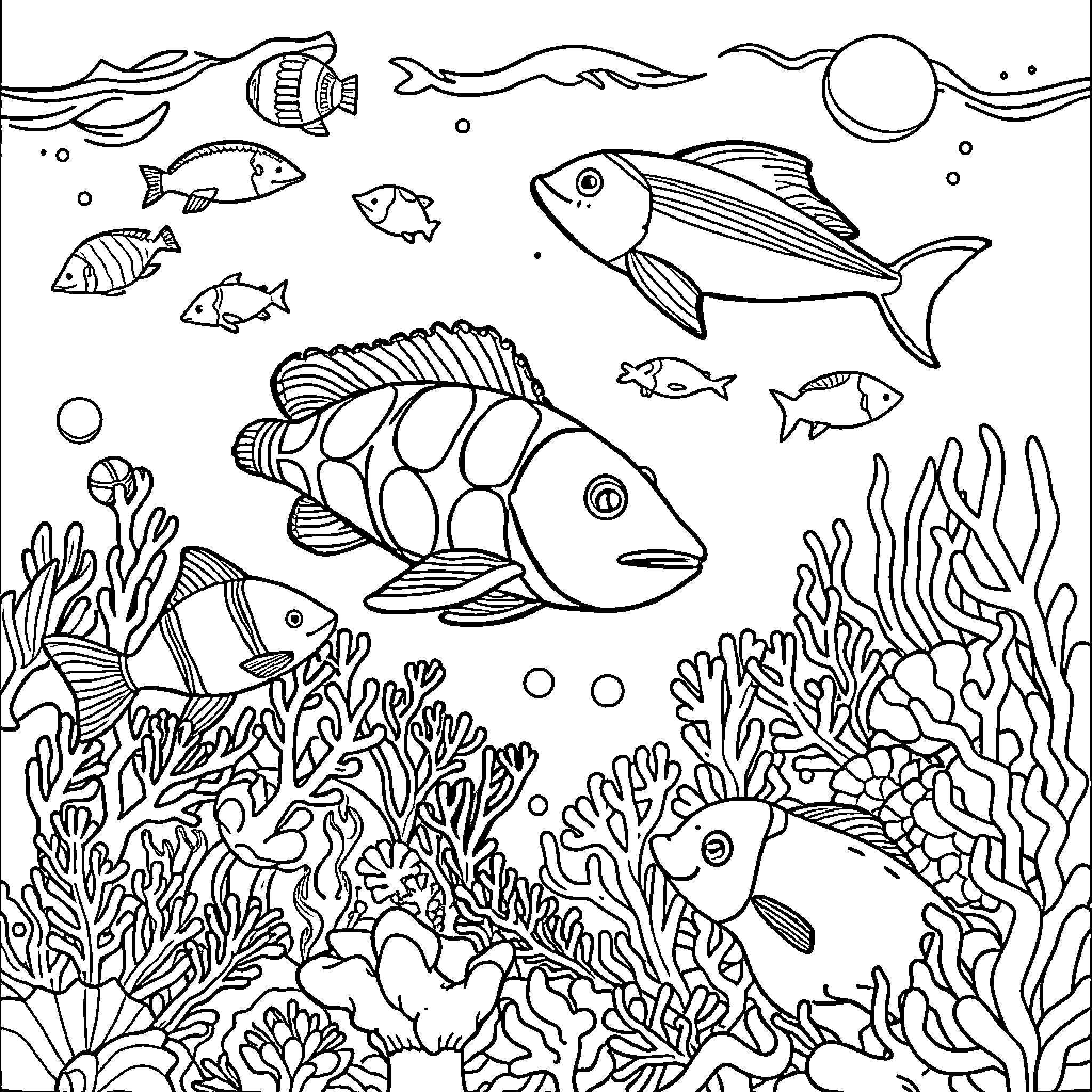 Marine Animals Exploring Coral Reef Habitat Coloring Page (free black-and-white line drawing printable PDF for all, from beginners to advanced learners, including children, teens, adults, and seniors)