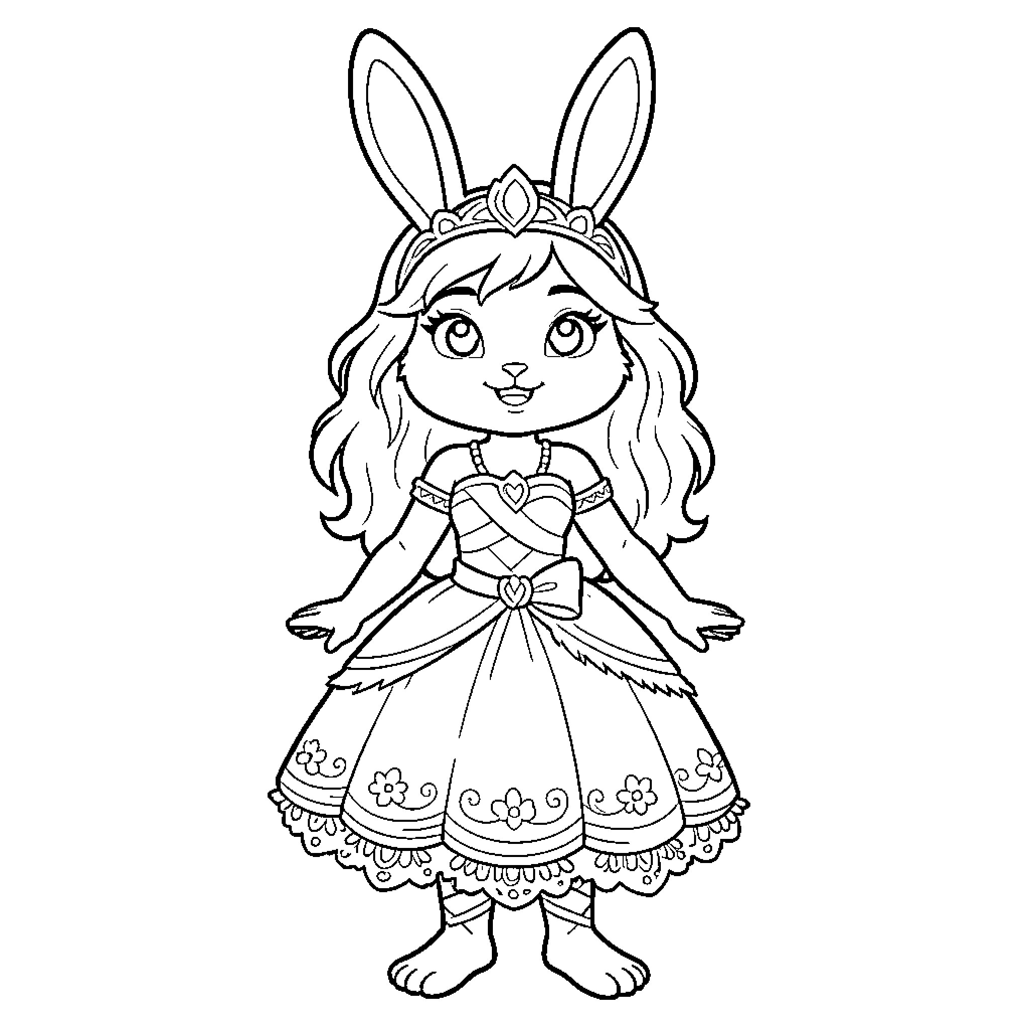 Vaiana dressed as a bunny princess Coloring Page (free black-and-white line drawing printable PDF for all, from beginners to advanced learners, including children, teens, adults, and seniors)