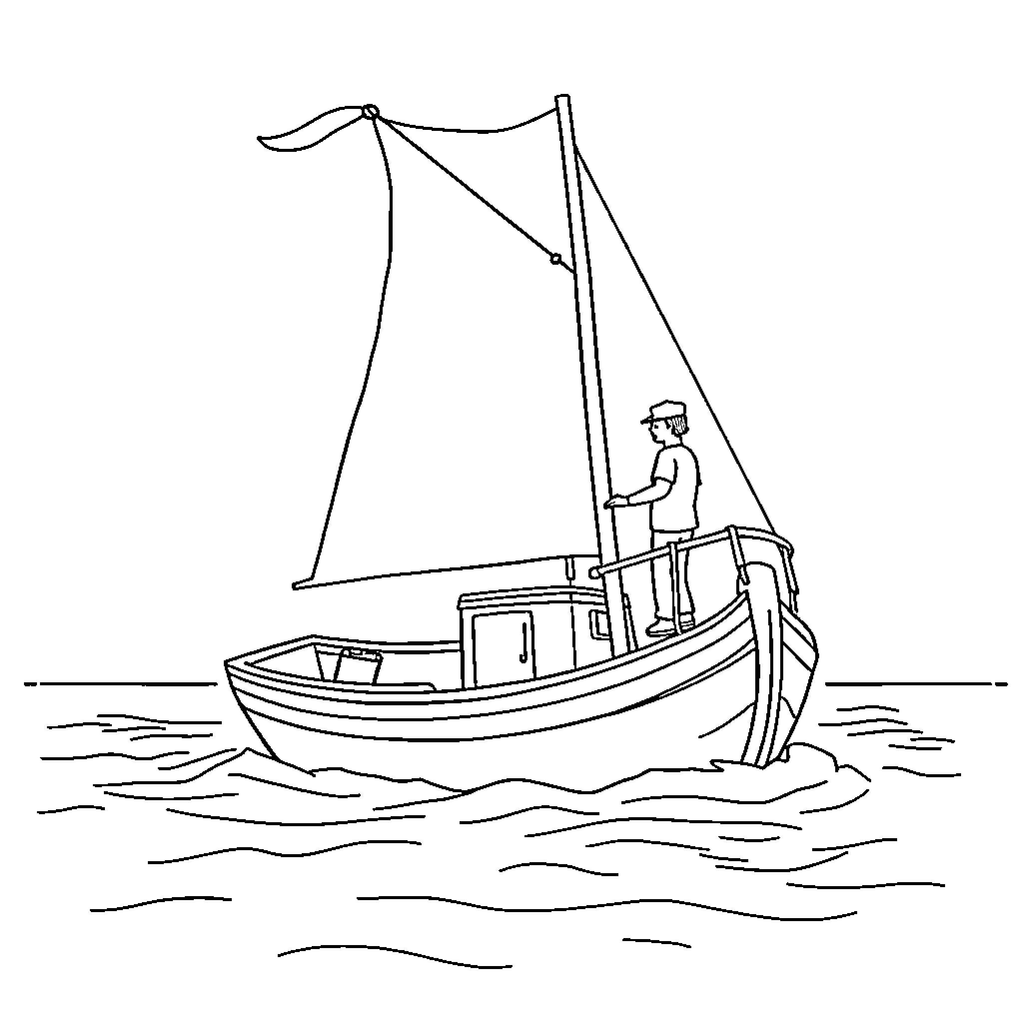 Sailboat with lone fisherman navigating the waters Coloring Page (free black-and-white line drawing printable PDF for all, from beginners to advanced learners, including children, teens, adults, and seniors)