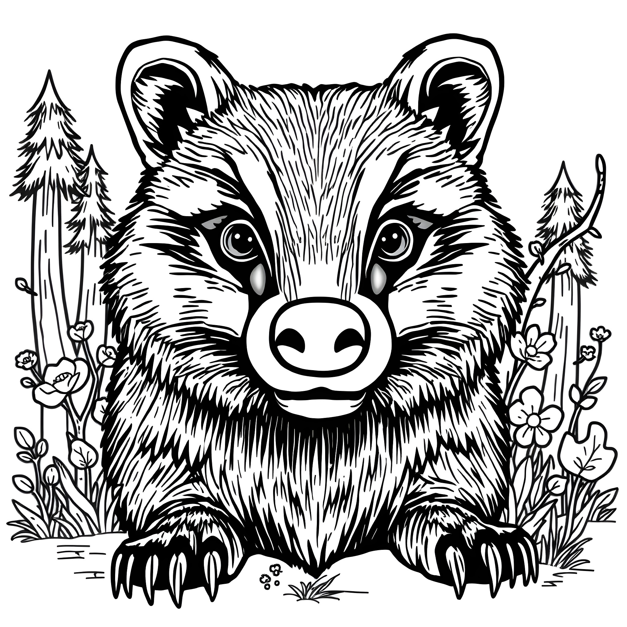 Badger peeking out from the forest with flowers Coloring Page (free black-and-white line drawing printable PDF for all, from beginners to advanced learners, including children, teens, adults, and seniors)