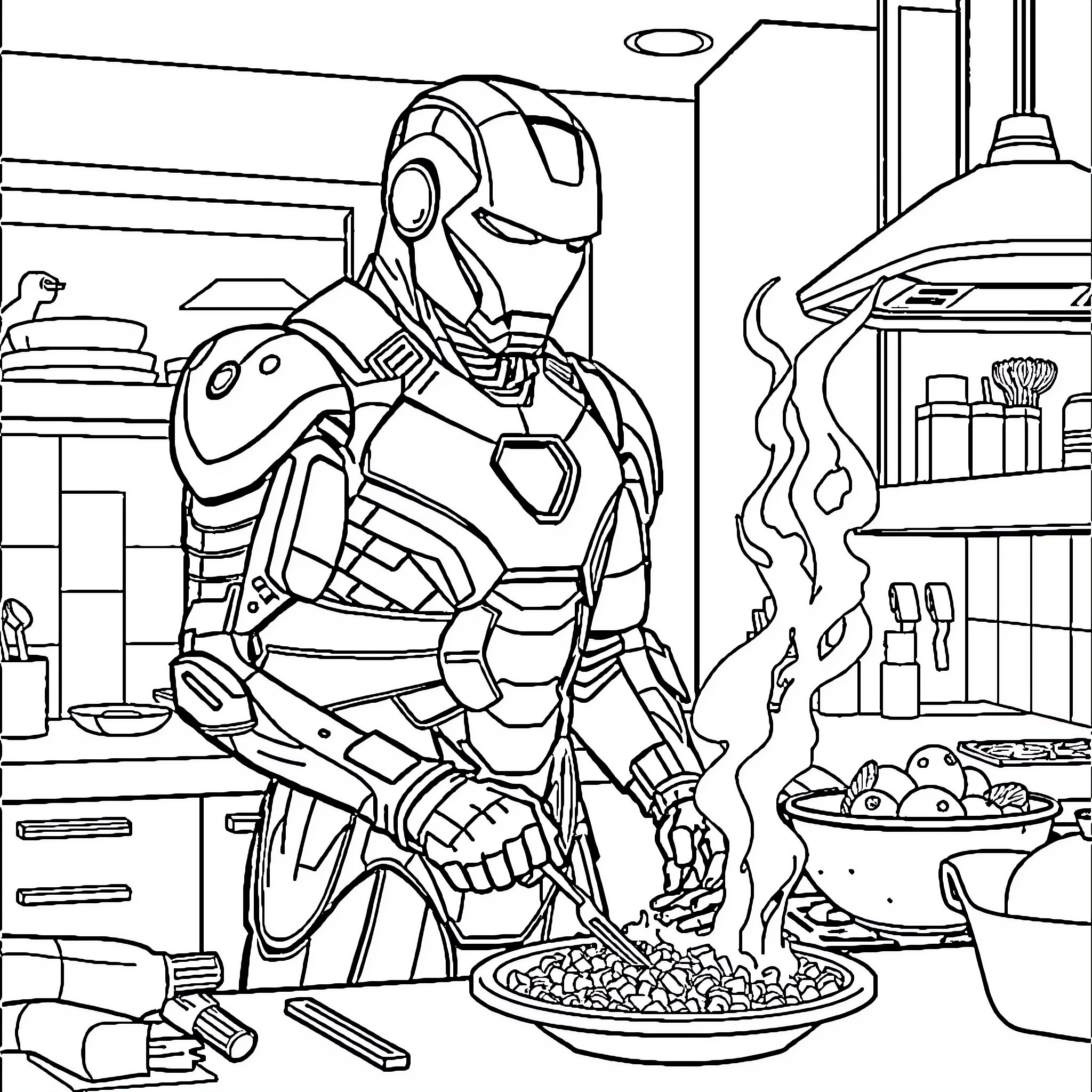 Iron Man Cooking a Meal in the Kitchen Coloring Page (free black-and-white line drawing printable PDF for all, from beginners to advanced learners, including children, teens, adults, and seniors)