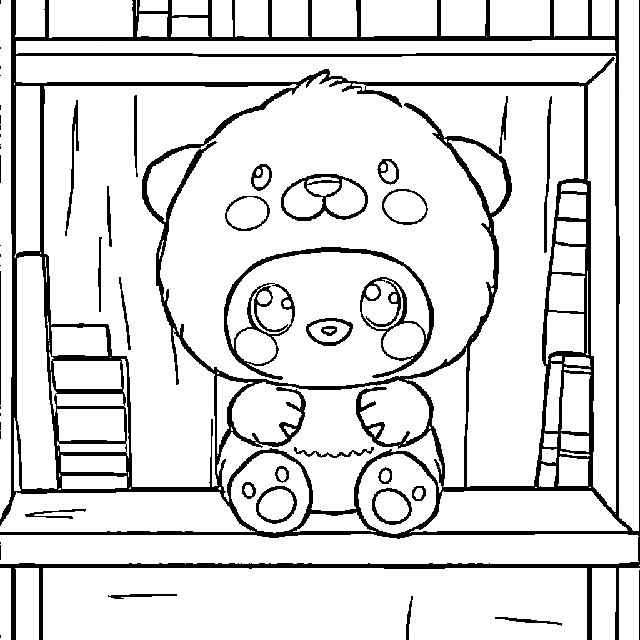 Labubu the cute stuffed animal in a display case Coloring Page (free black-and-white line drawing printable PDF for all, from beginners to advanced learners, including children, teens, adults, and seniors)