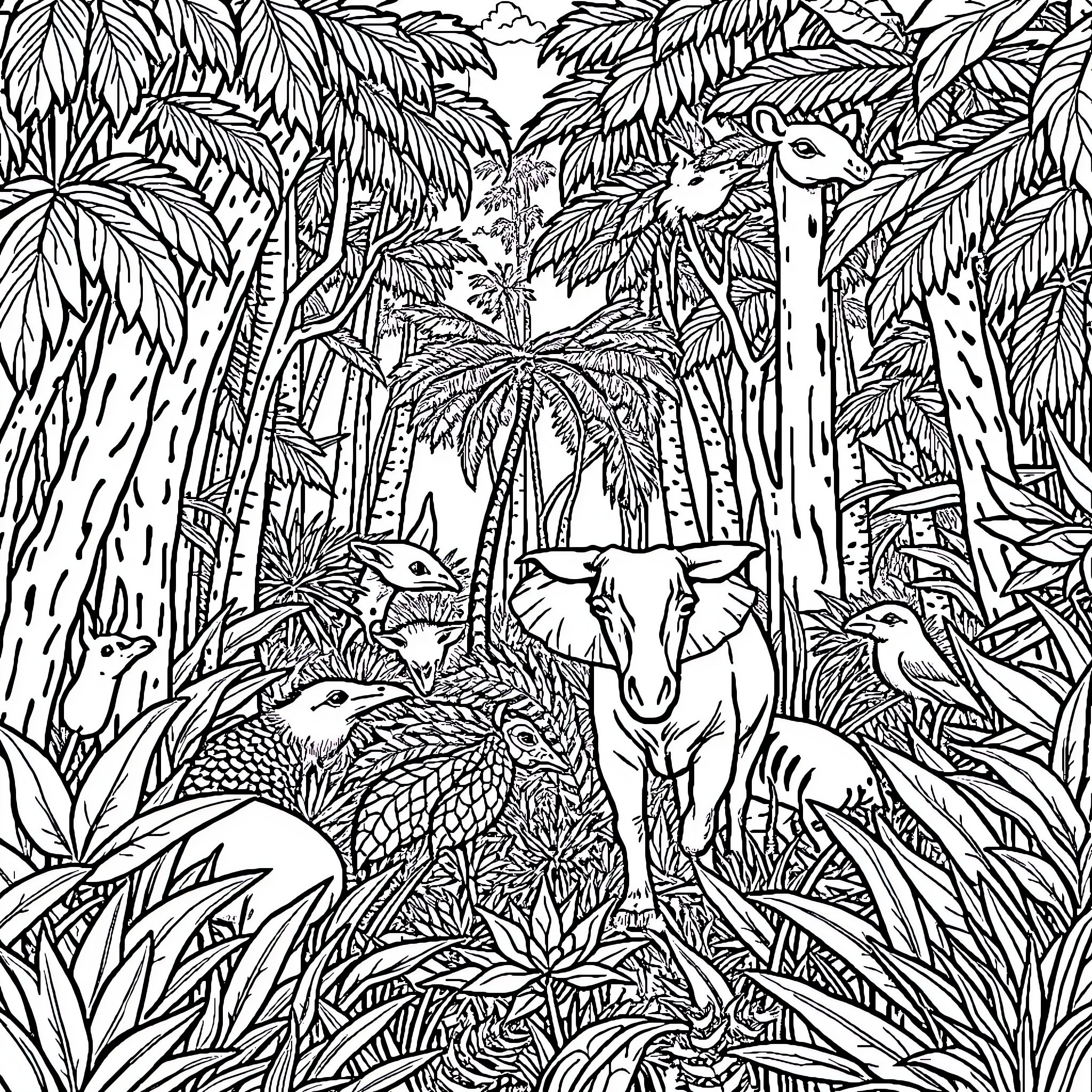 Animal jungle scene with diverse wildlife Coloring Page (free black-and-white line drawing printable PDF for all, from beginners to advanced learners, including children, teens, adults, and seniors)