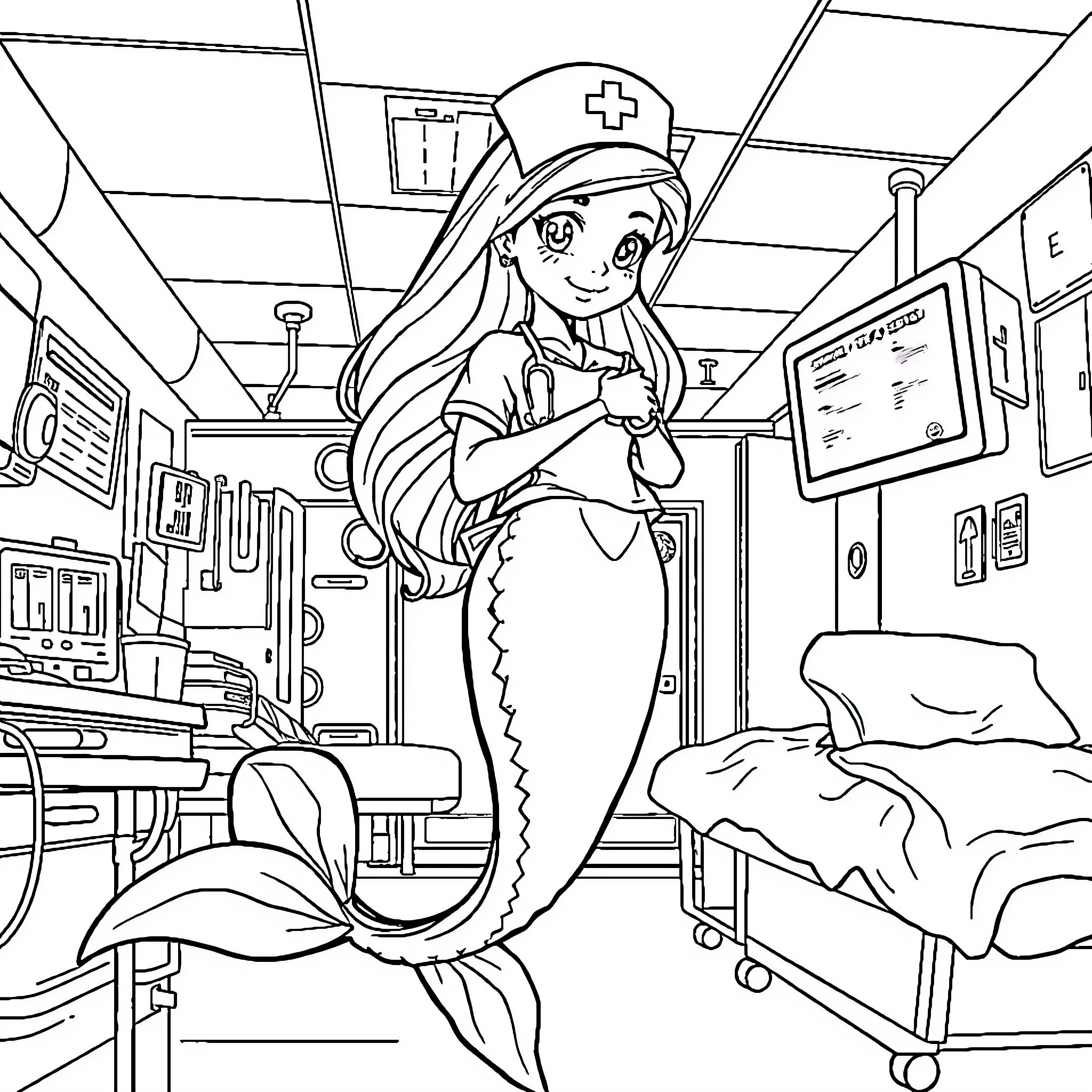 Mermaid nurse caring for patients in hospital Coloring Page (free black-and-white line drawing printable PDF for all, from beginners to advanced learners, including children, teens, adults, and seniors)