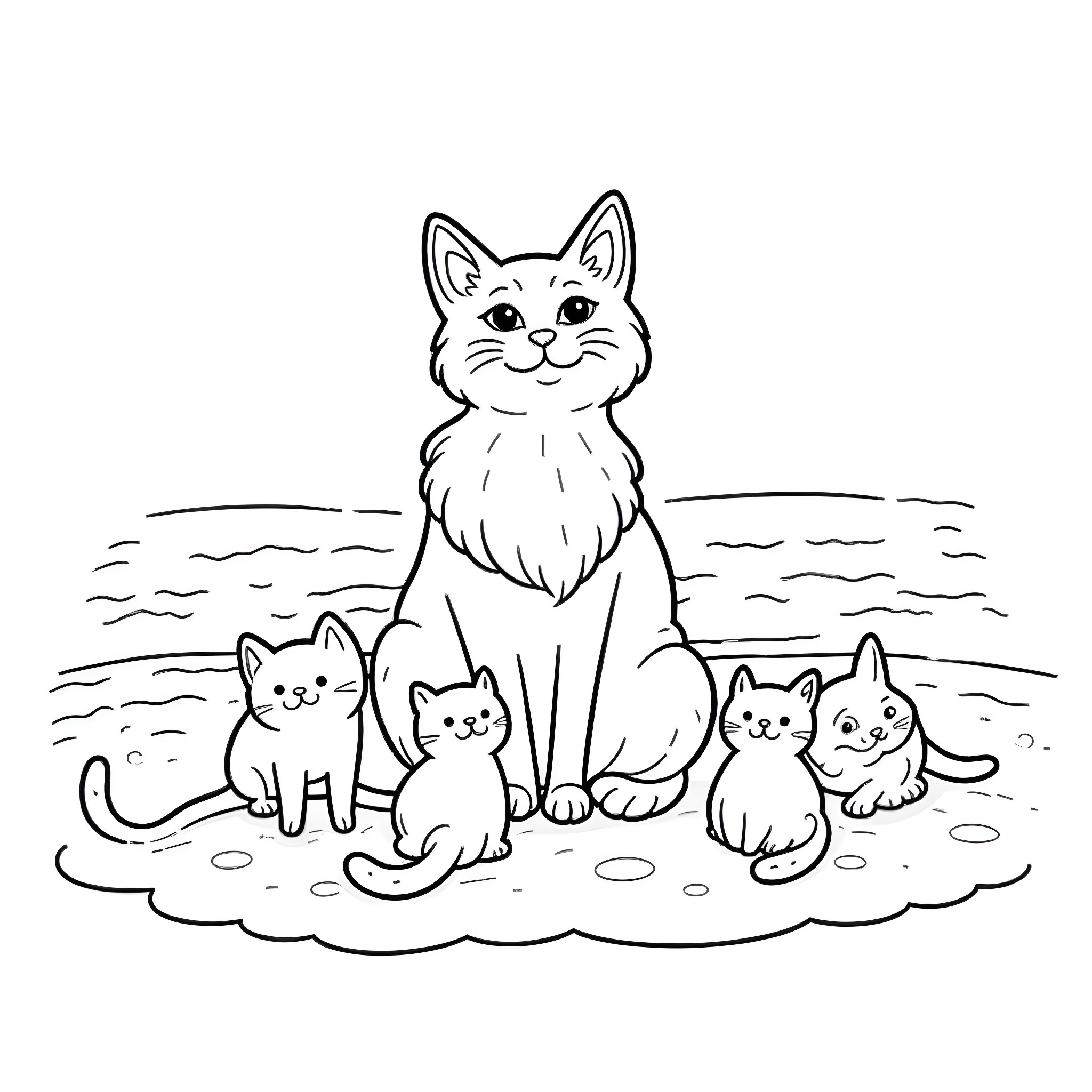Louis Wain's Cats Playing on the Beach Coloring Page (free black-and-white line drawing printable PDF for all, from beginners to advanced learners, including children, teens, adults, and seniors)