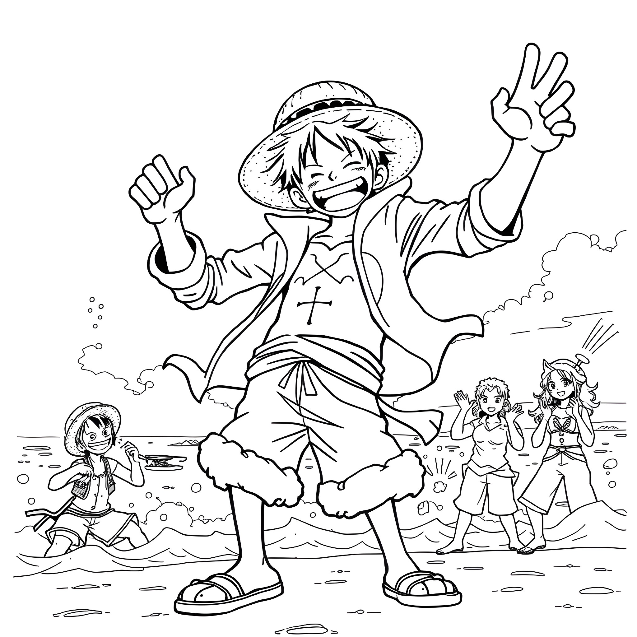 Monkey D Luffy's Carefree Beach Adventure Coloring Page (free black-and-white line drawing printable PDF for all, from beginners to advanced learners, including children, teens, adults, and seniors)