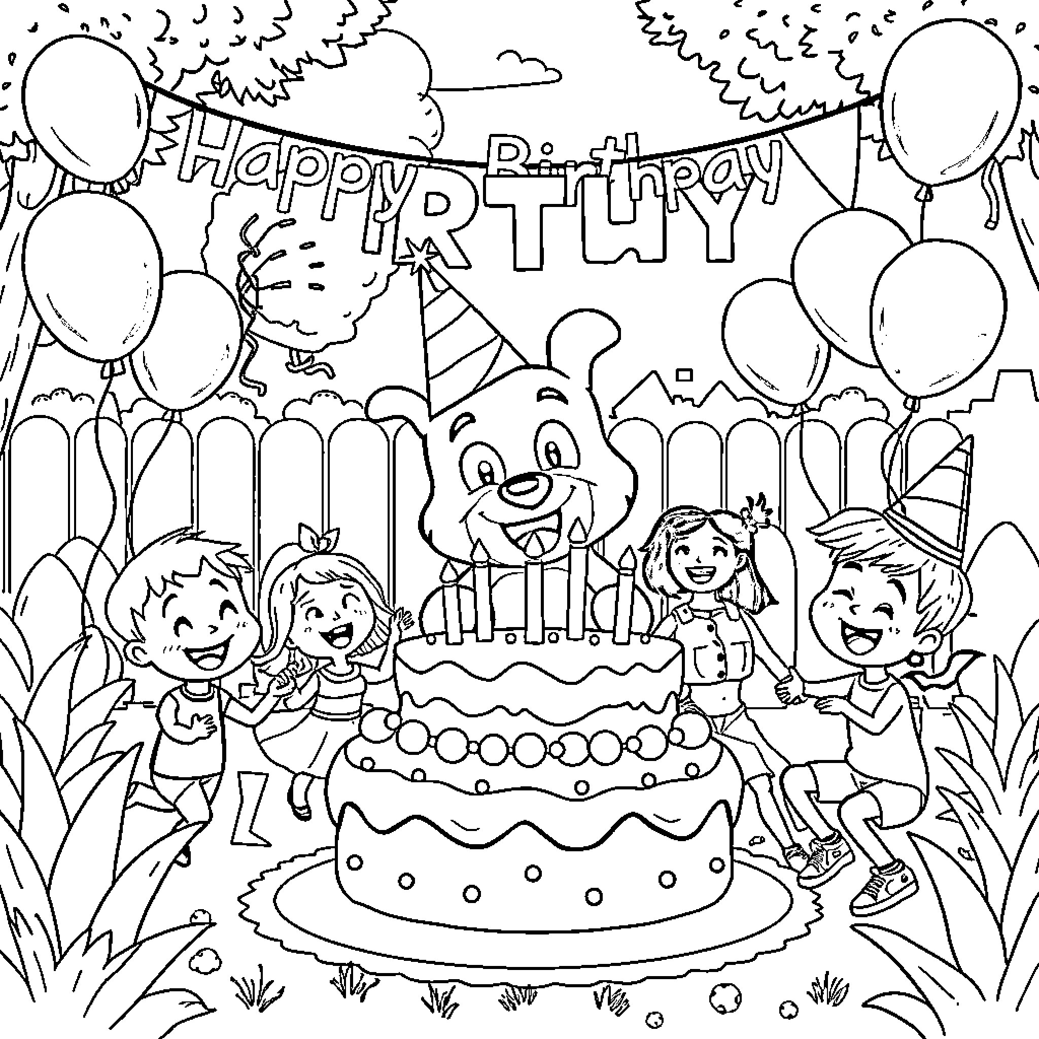 Bluey's Joyful Birthday Party Coloring Page (free black-and-white line drawing printable PDF for all, from beginners to advanced learners, including children, teens, adults, and seniors)