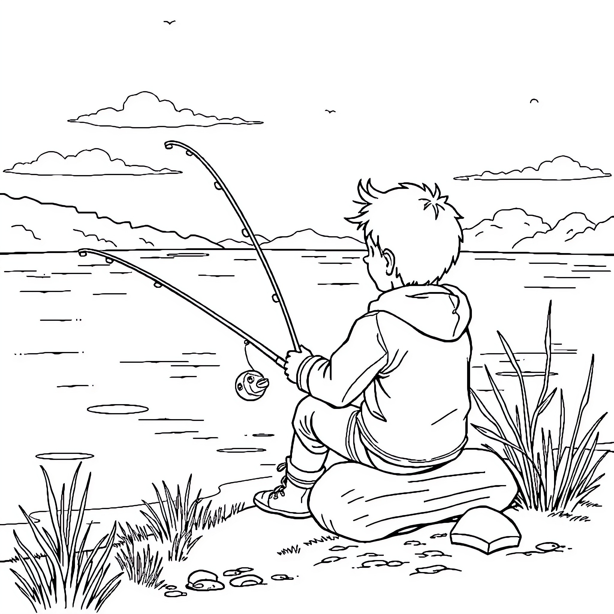 Jack fishing by the lake Coloring Page (free black-and-white line drawing printable PDF for all, from beginners to advanced learners, including children, teens, adults, and seniors)