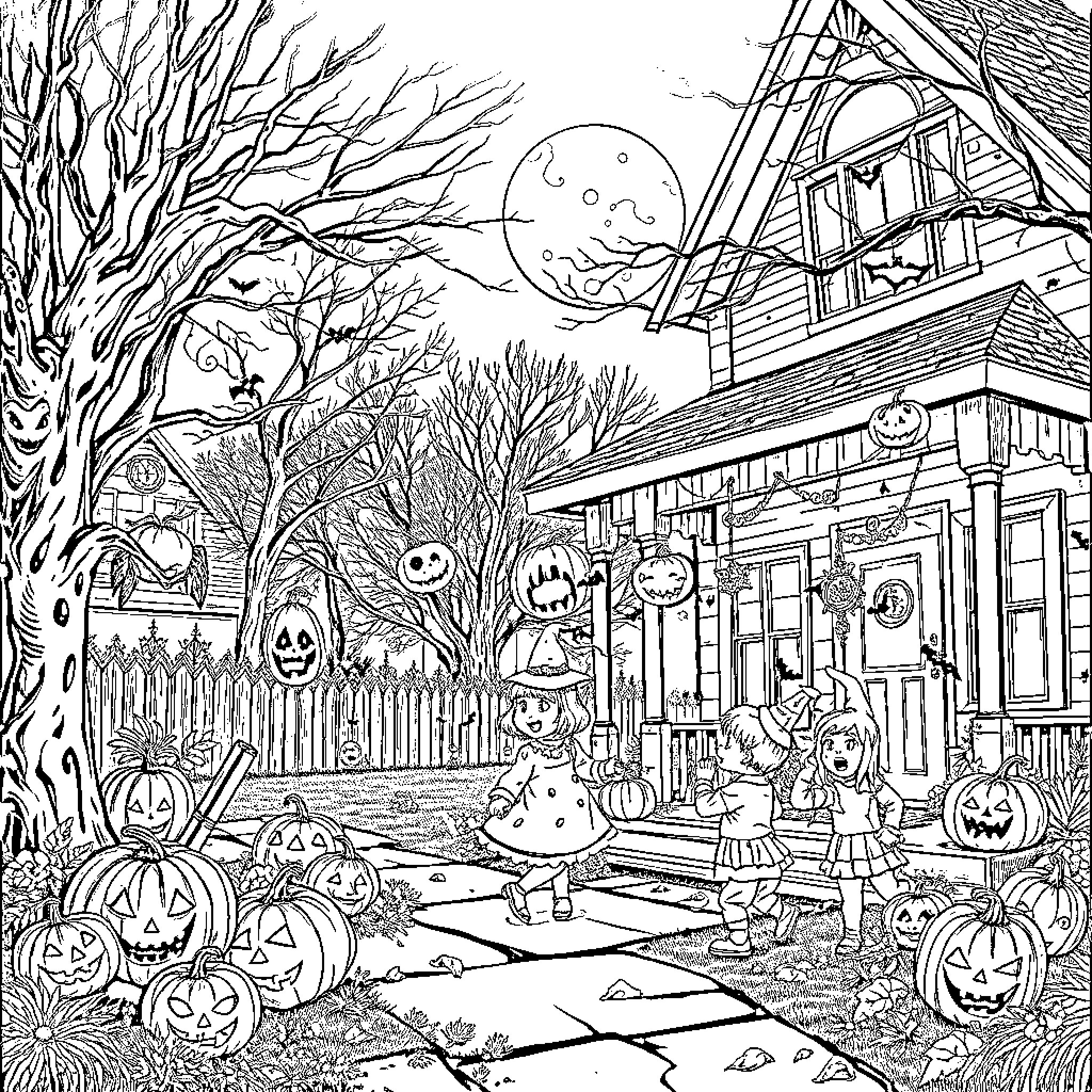 Halloween night with spooky decorations and trick-or-treaters Coloring Page (free black-and-white line drawing printable PDF for all, from beginners to advanced learners, including children, teens, adults, and seniors)