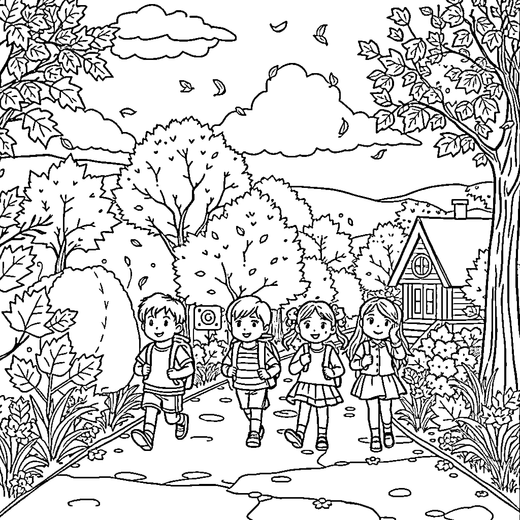 Children playing joyfully in autumn landscape Coloring Page (free black-and-white line drawing printable PDF for all, from beginners to advanced learners, including children, teens, adults, and seniors)