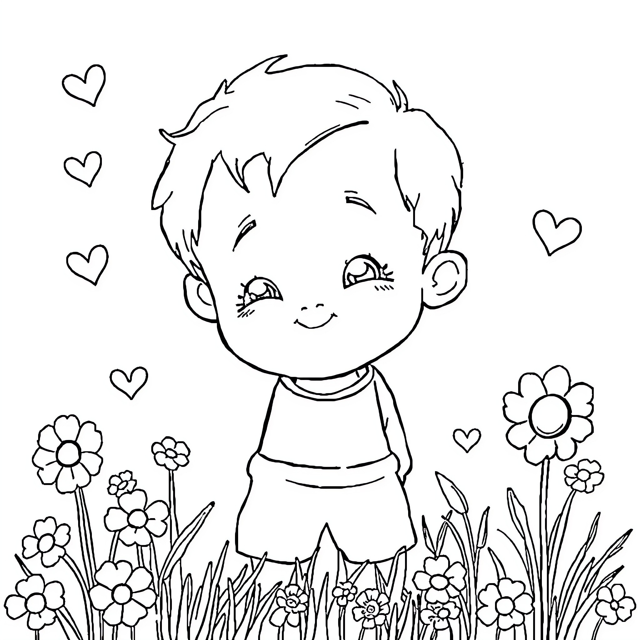 Besserung: Happy child playing in flowers and hearts Coloring Page (free black-and-white line drawing printable PDF for all, from beginners to advanced learners, including children, teens, adults, and seniors)
