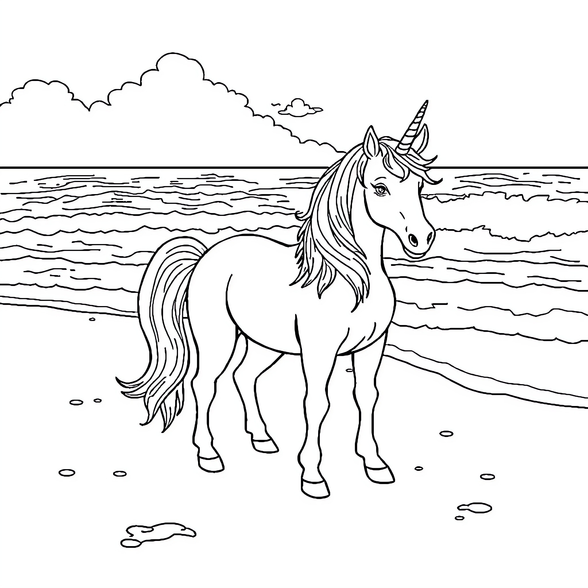 Unicorn standing majestically on the beach Coloring Page (free black-and-white line drawing printable PDF for all, from beginners to advanced learners, including children, teens, adults, and seniors)