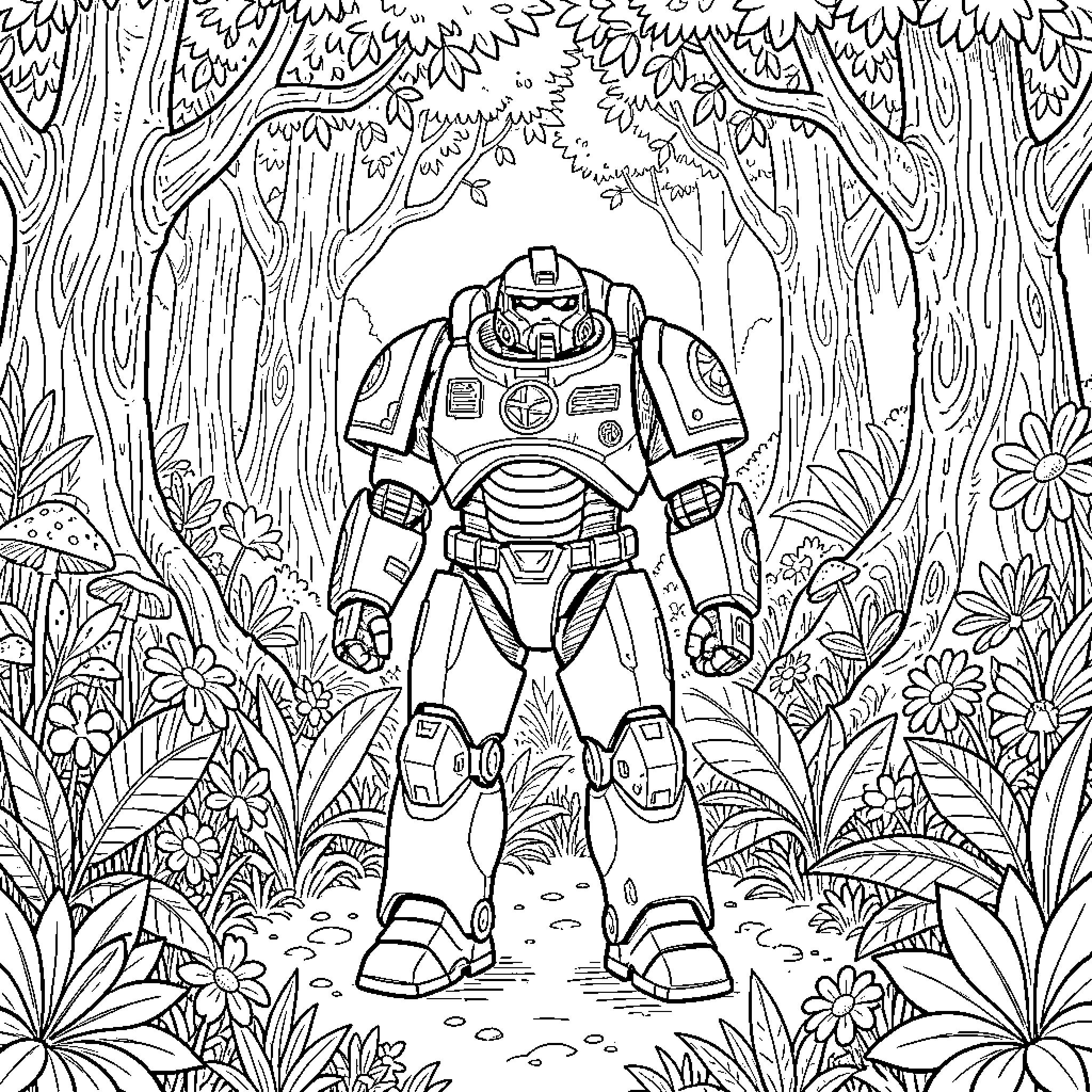 Space Marine in Mystical Forest Surroundings Coloring Page (free black-and-white line drawing printable PDF for all, from beginners to advanced learners, including children, teens, adults, and seniors)