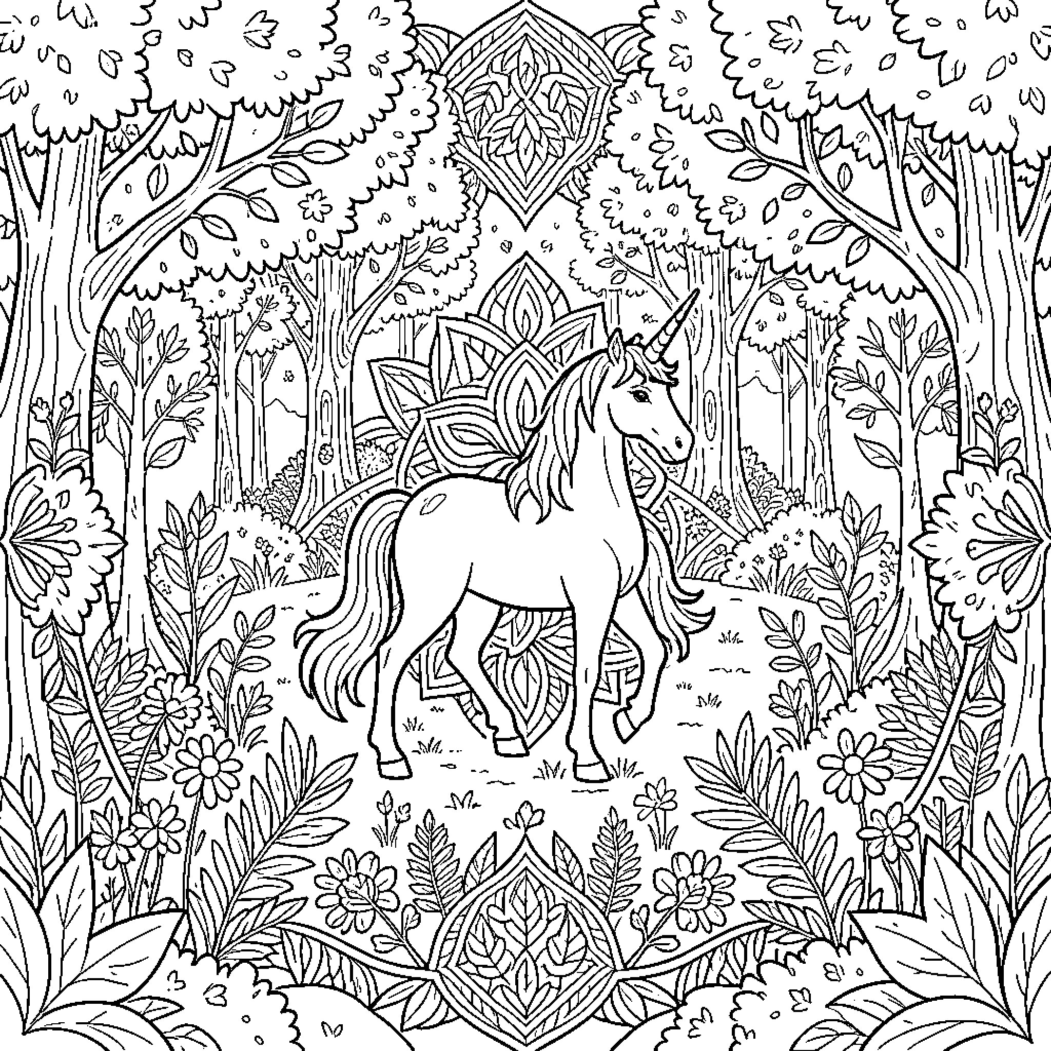 Unicorn standing gracefully in a magical forest clearing Coloring Page (free black-and-white line drawing printable PDF for all, from beginners to advanced learners, including children, teens, adults, and seniors)