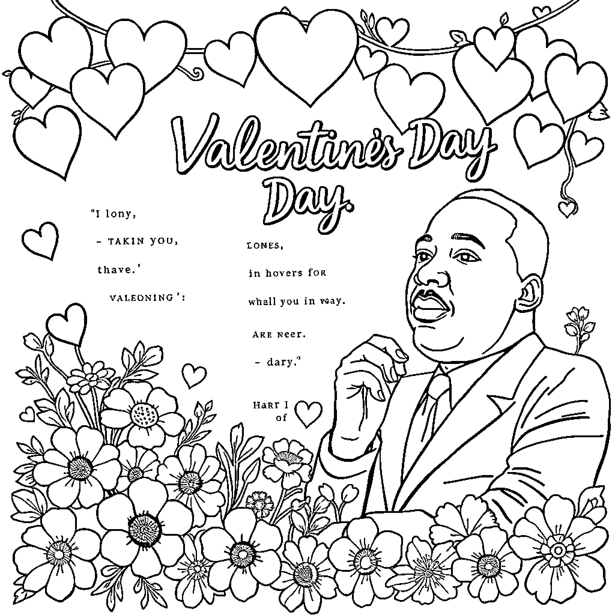 Martin Luther King Jr. Celebrates Valentine's Day Coloring Page (free black-and-white line drawing printable PDF for all, from beginners to advanced learners, including children, teens, adults, and seniors)