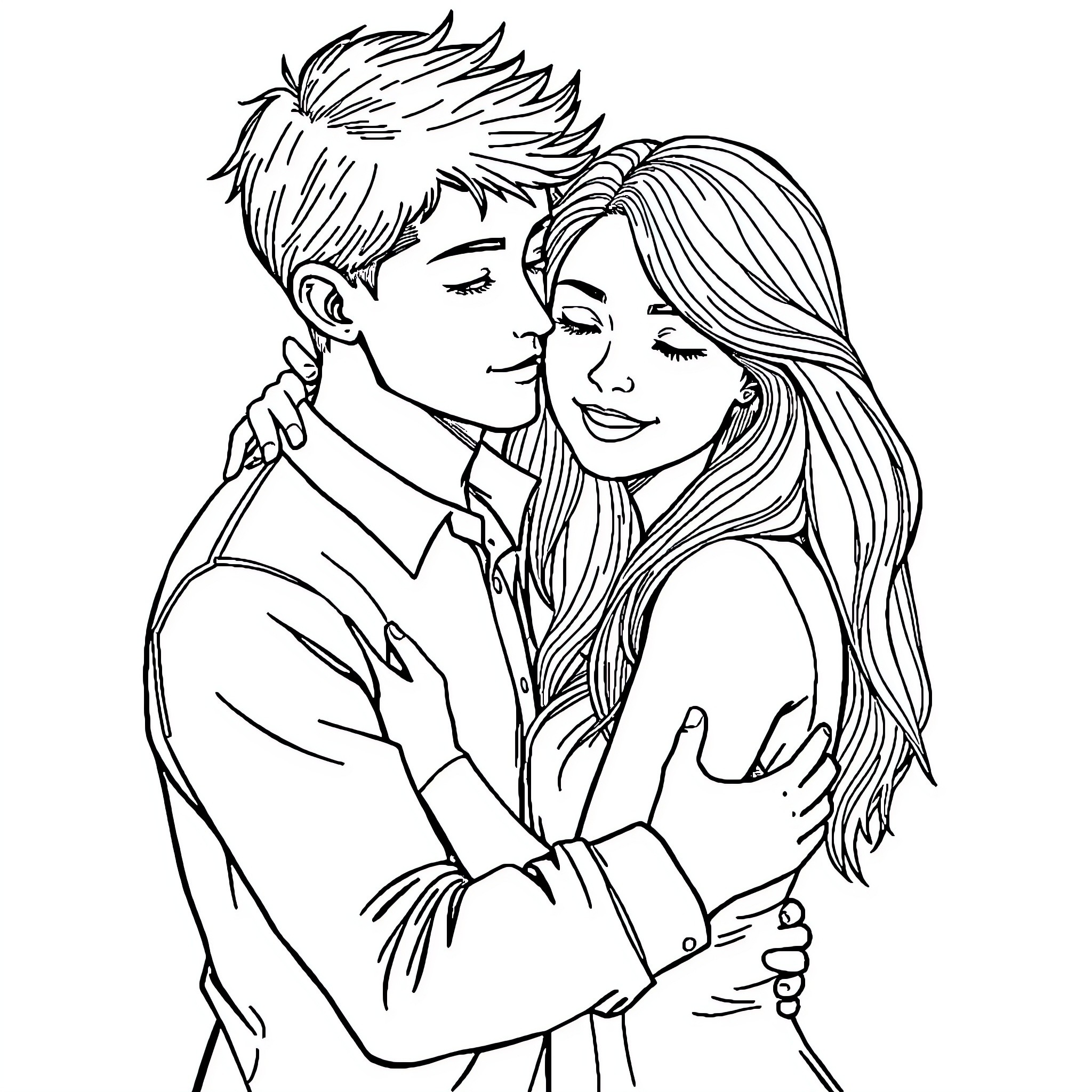 Couple embracing affectionately Coloring Page (free black-and-white line drawing printable PDF for all, from beginners to advanced learners, including children, teens, adults, and seniors)
