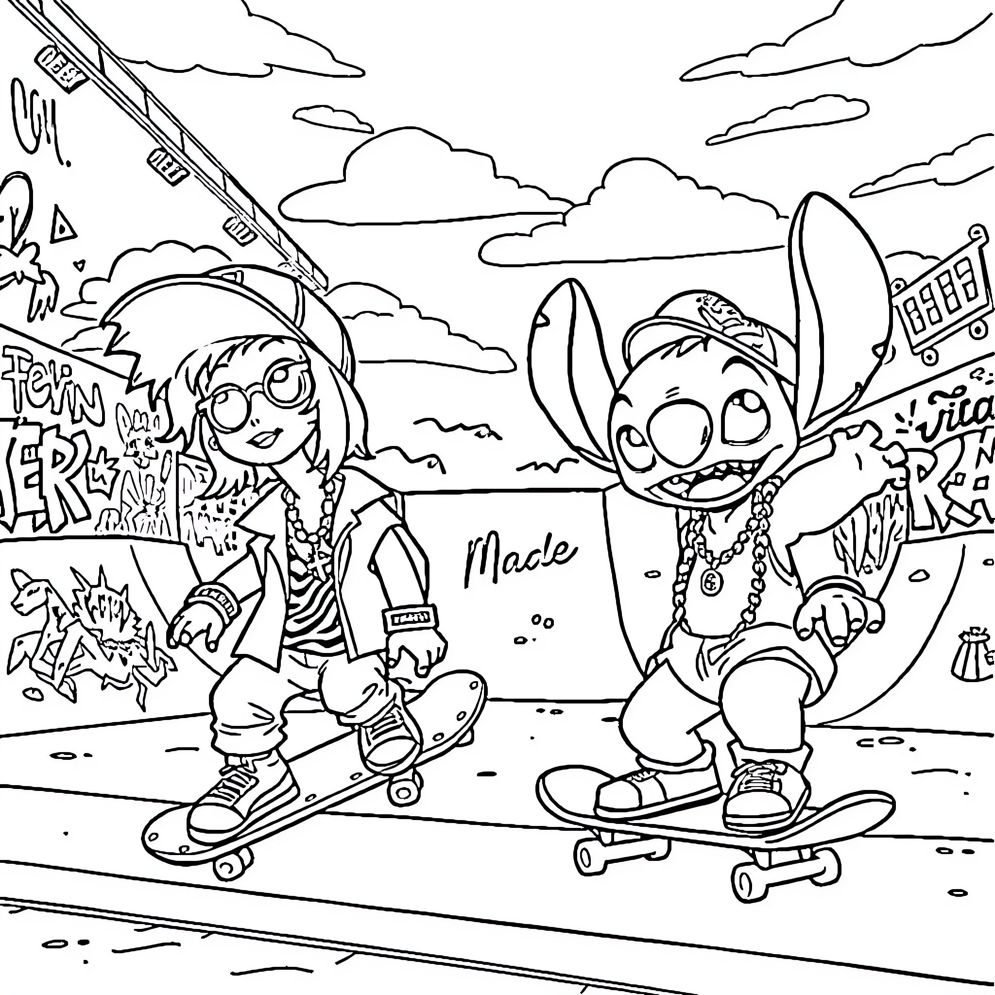 Lilo and Stitch skateboarding in the park Coloring Page (free black-and-white line drawing printable PDF for all, from beginners to advanced learners, including children, teens, adults, and seniors)