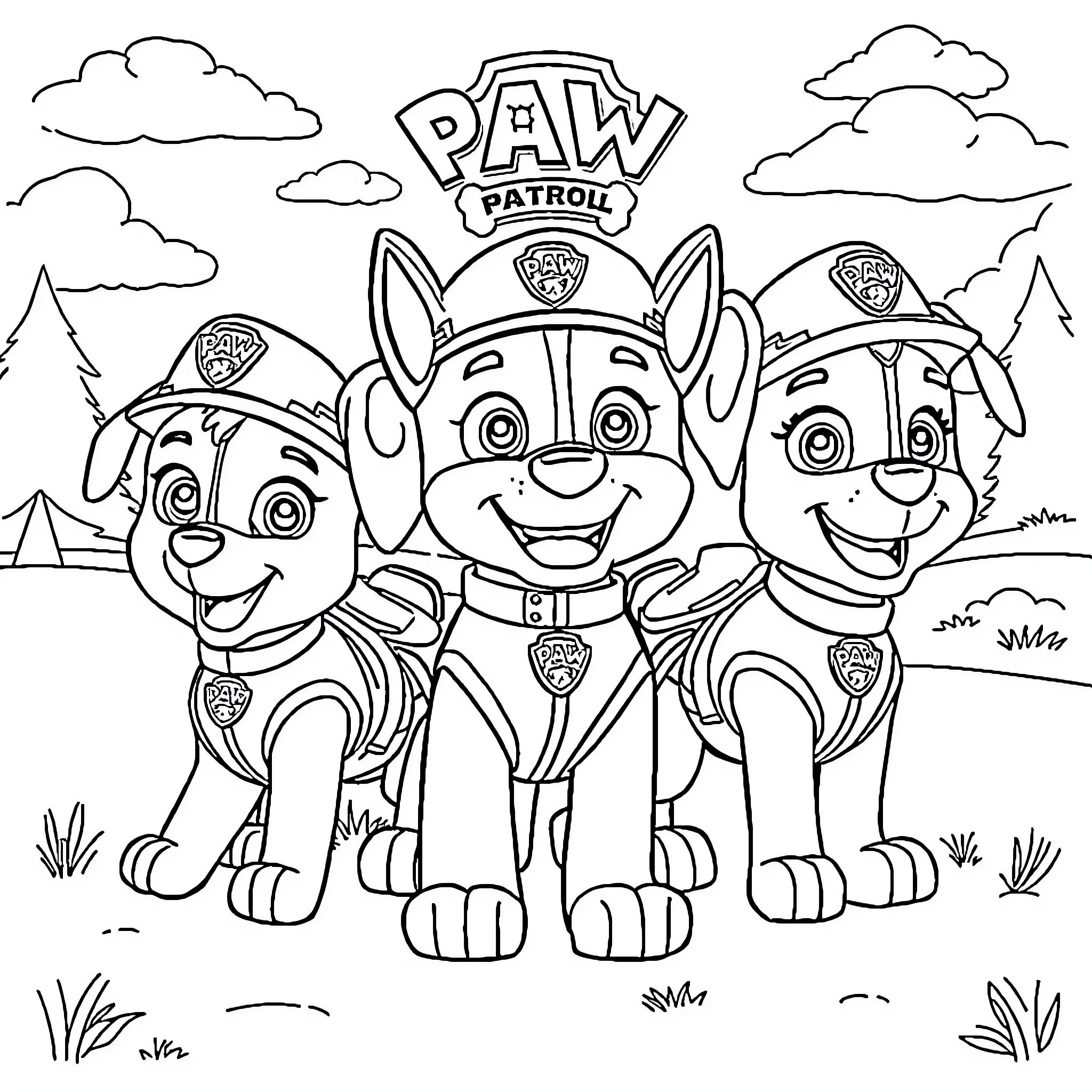 Paw Patrol pups in action pose outdoors Coloring Page (free black-and-white line drawing printable PDF for all, from beginners to advanced learners, including children, teens, adults, and seniors)