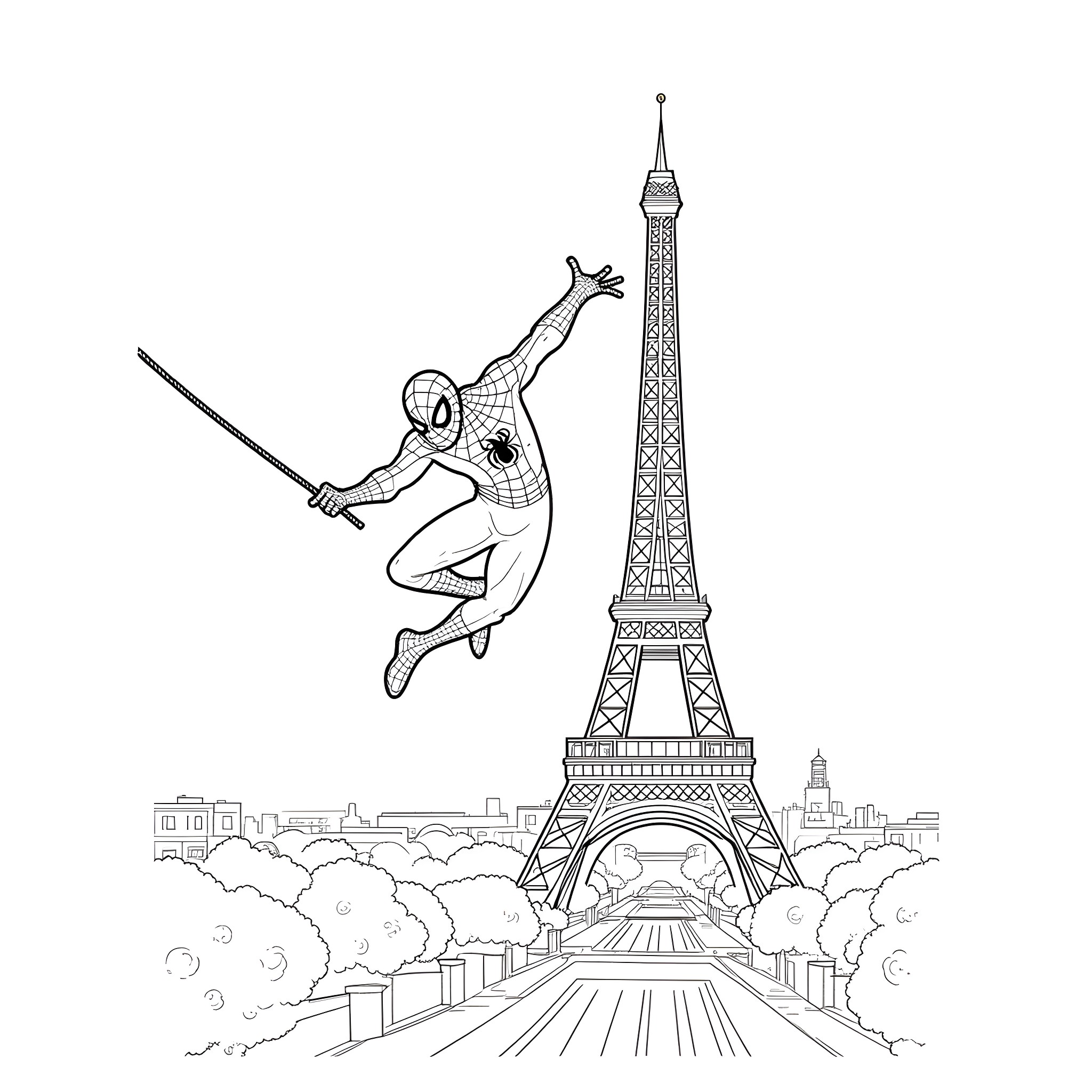 Spiderman swinging high above the Eiffel Tower Coloring Page (free black-and-white line drawing printable PDF for all, from beginners to advanced learners, including children, teens, adults, and seniors)