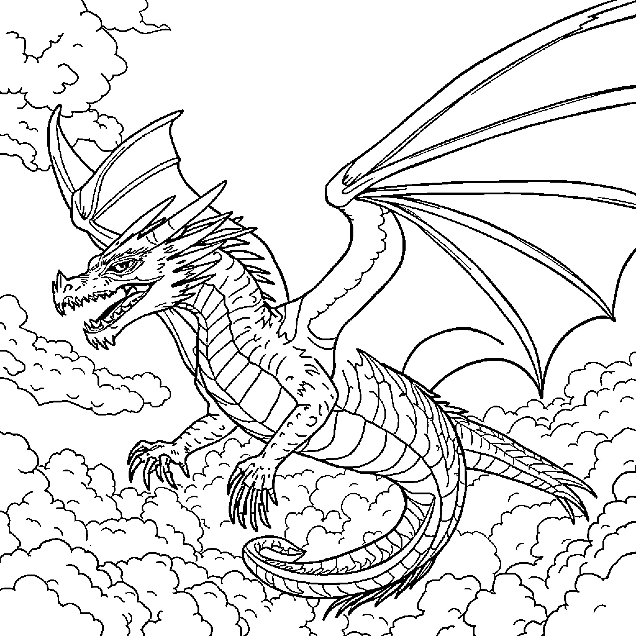 Dragon Soaring Through Cloudy Skies Coloring Page (free black-and-white line drawing printable PDF for all, from beginners to advanced learners, including children, teens, adults, and seniors)