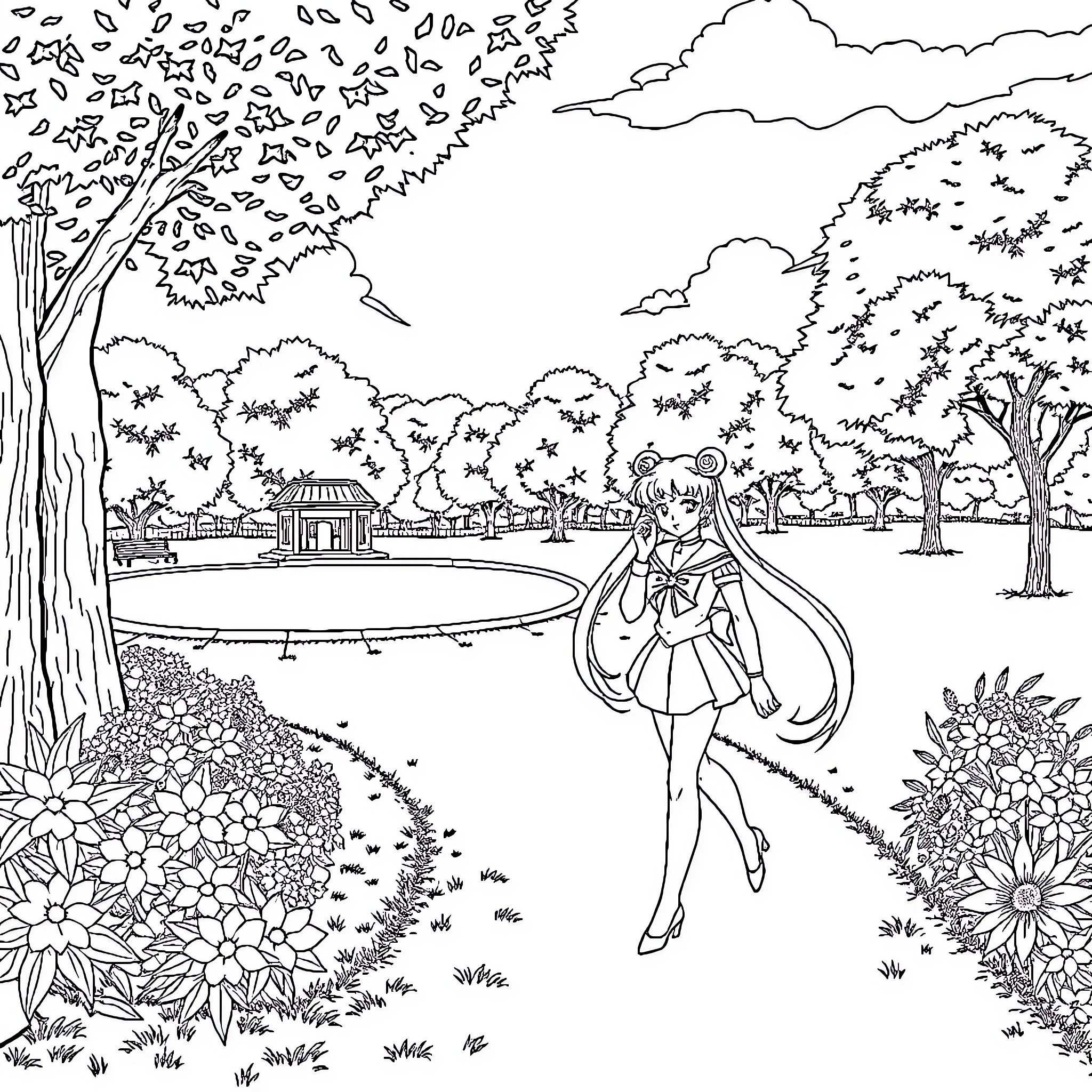 Sailor Moon enjoying a peaceful day in the park Coloring Page (free black-and-white line drawing printable PDF for all, from beginners to advanced learners, including children, teens, adults, and seniors)