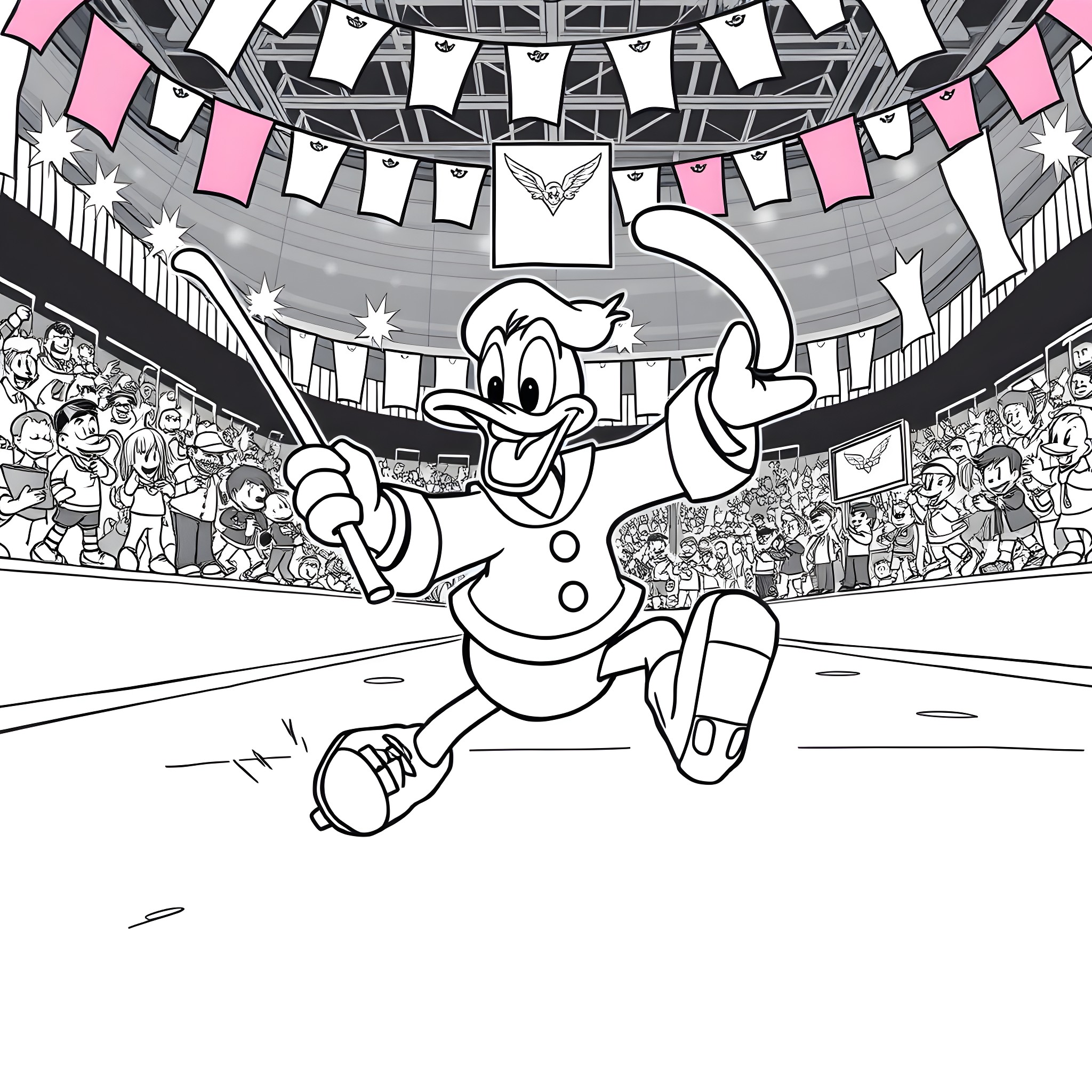 Donald Duck celebrating in a sports arena Coloring Page (free black-and-white line drawing printable PDF for all, from beginners to advanced learners, including children, teens, adults, and seniors)