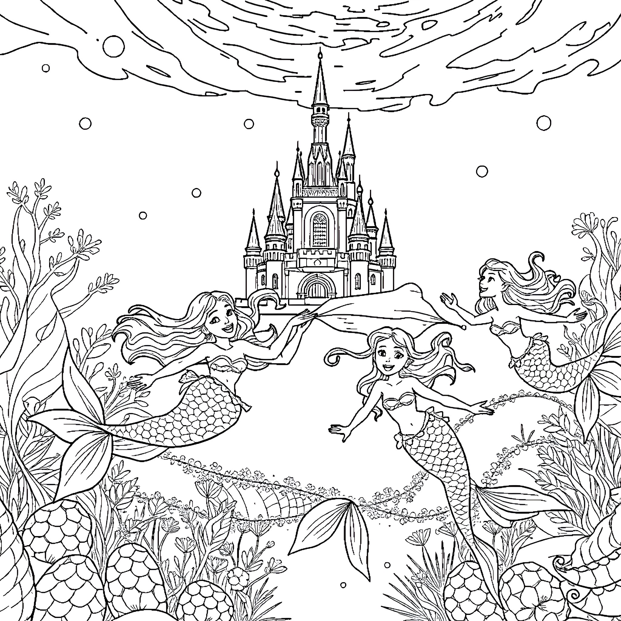 Mermaid Fantasy Adventure with Enchanted Castle Coloring Page (free black-and-white line drawing printable PDF for all, from beginners to advanced learners, including children, teens, adults, and seniors)