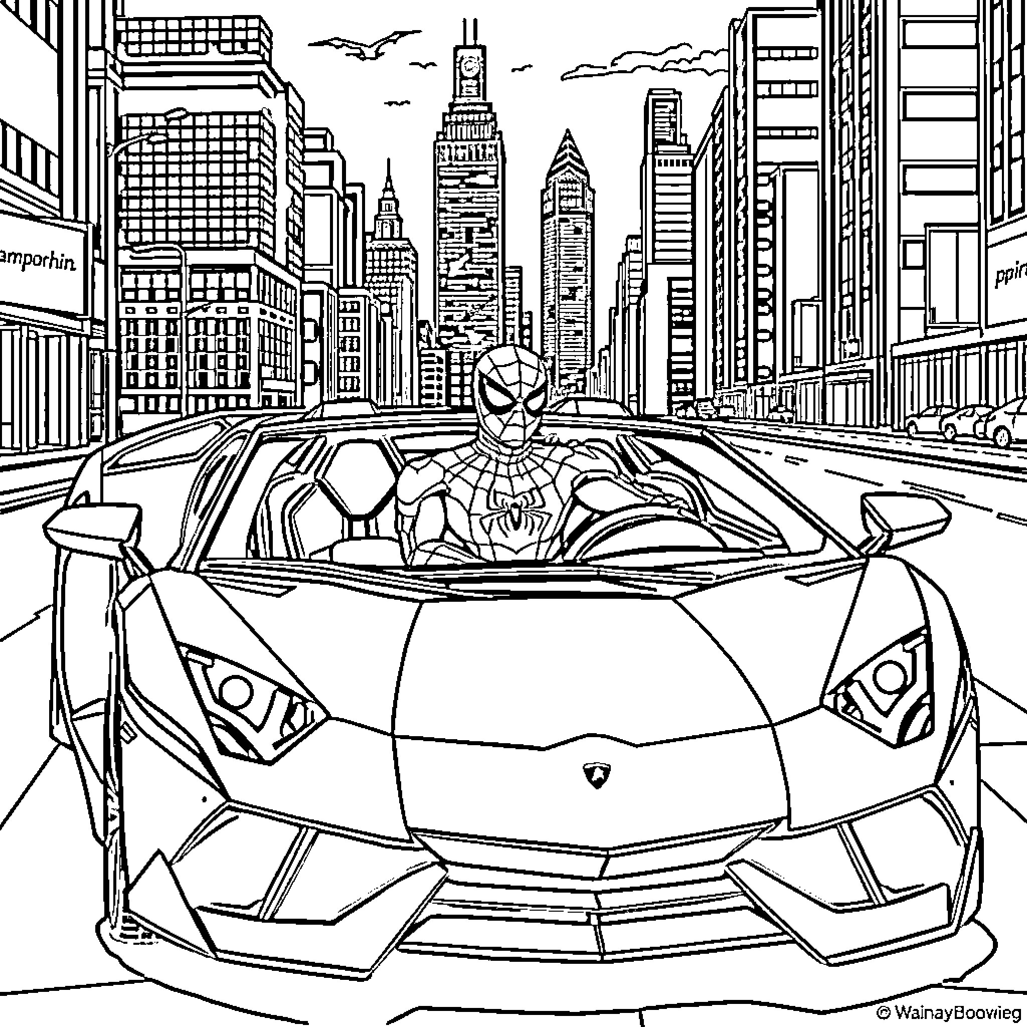 Spider-Man Swinging Through the Cityscape in a Sleek Sports Car Coloring Page (free black-and-white line drawing printable PDF for all, from beginners to advanced learners, including children, teens, adults, and seniors)