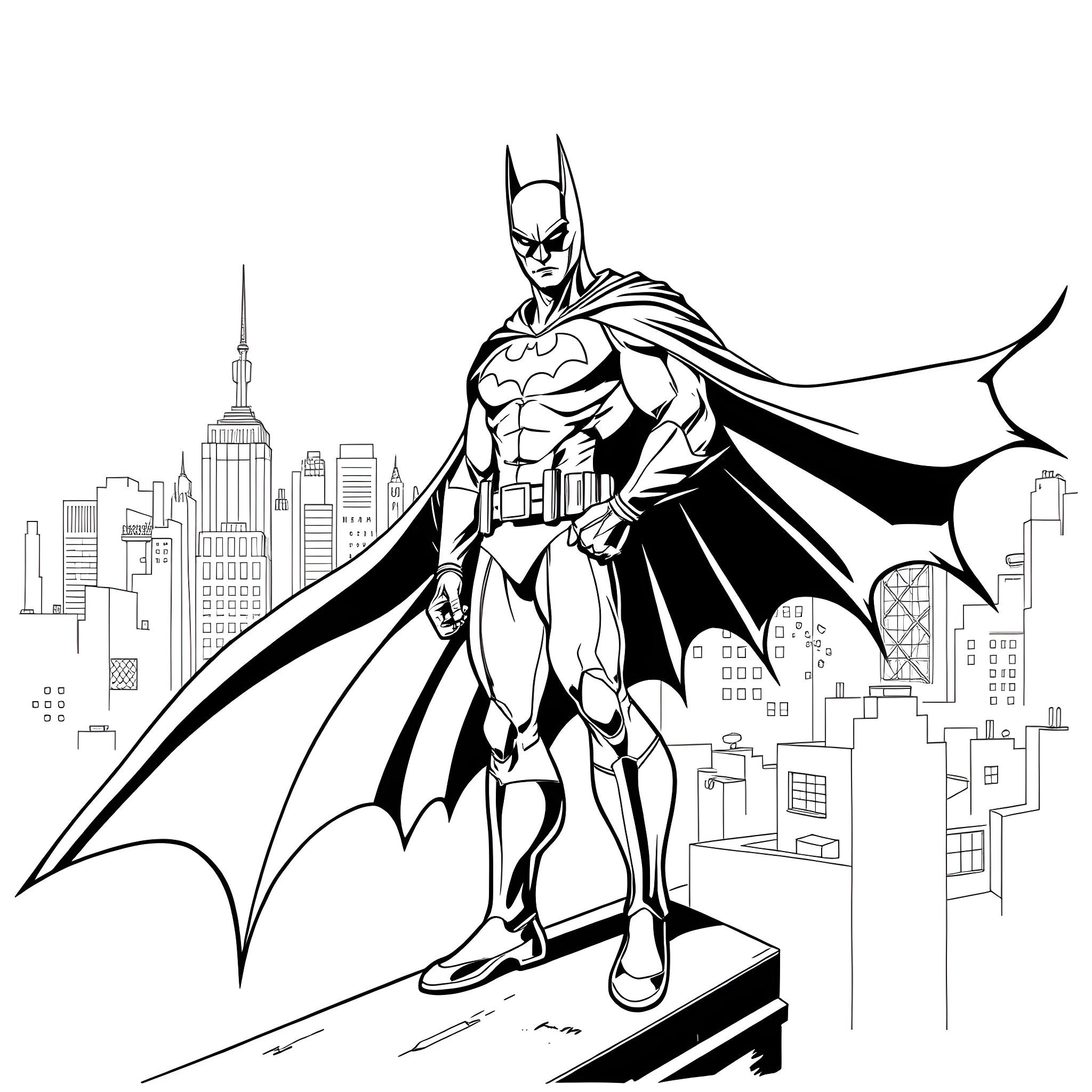 Bat Man Vigilante Hero Surveys Cityscape Coloring Page (free black-and-white line drawing printable PDF for all, from beginners to advanced learners, including children, teens, adults, and seniors)