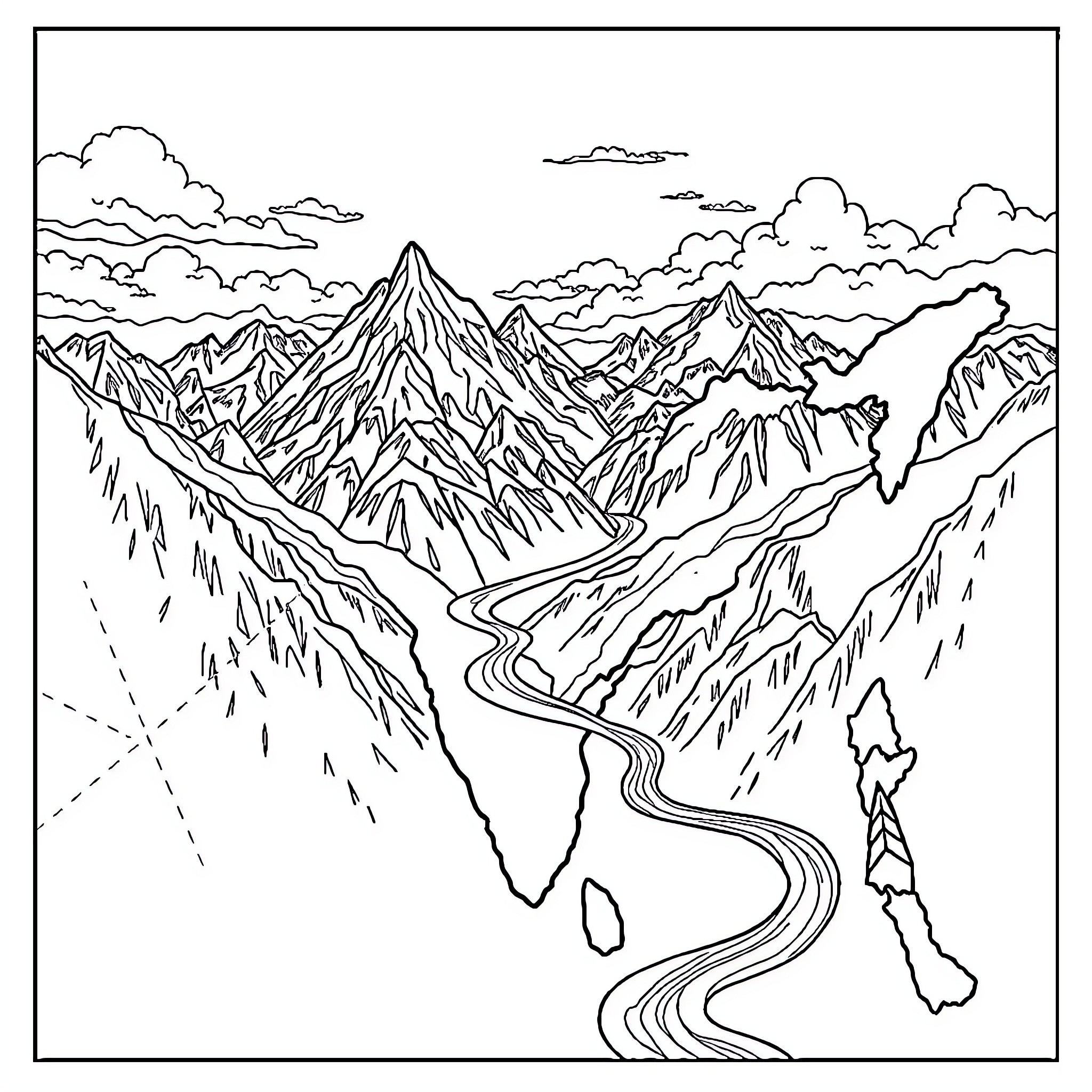 Map of rugged mountain landscape with winding river Coloring Page (free black-and-white line drawing printable PDF for all, from beginners to advanced learners, including children, teens, adults, and seniors)