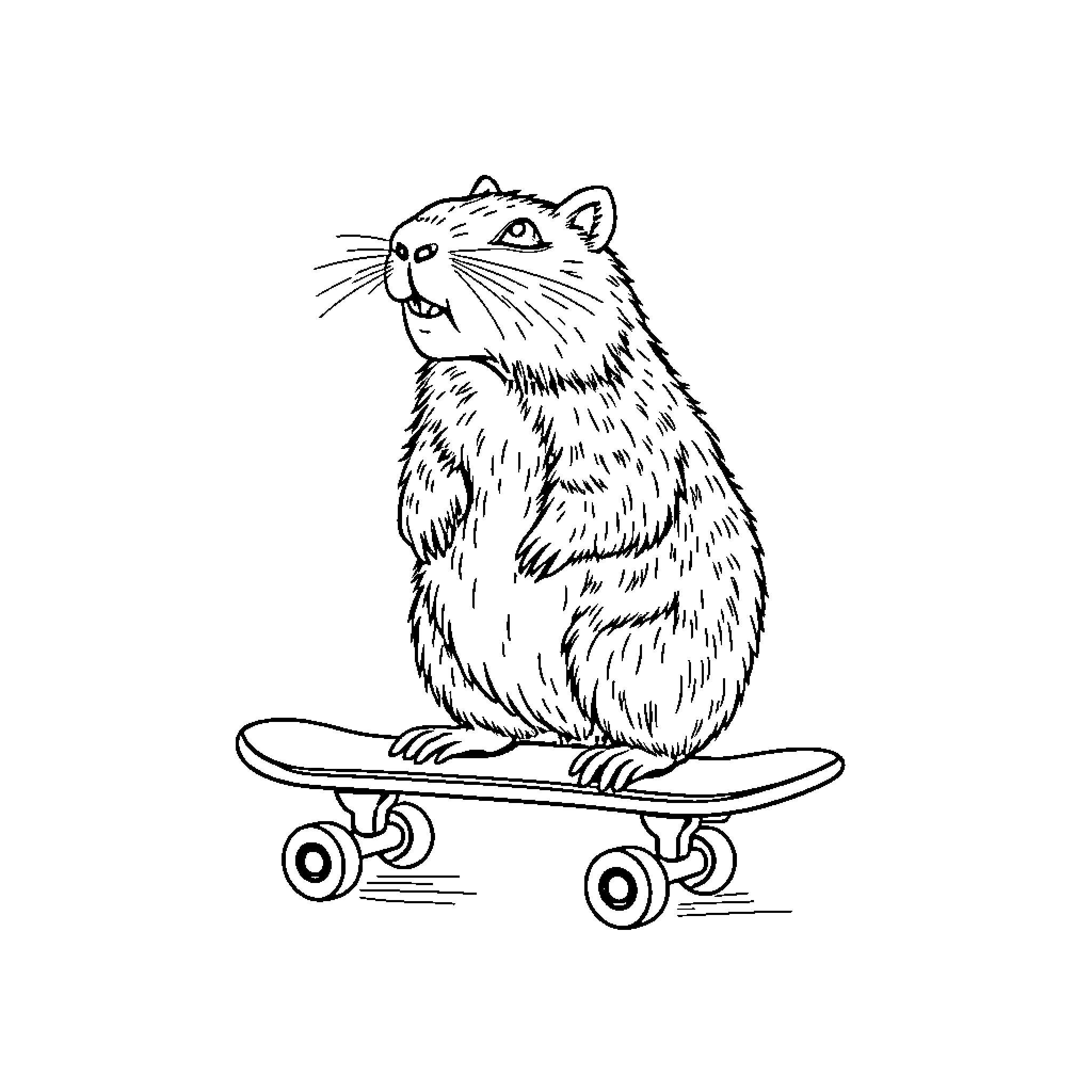 Capybara riding a skateboard Coloring Page (free black-and-white line drawing printable PDF for all, from beginners to advanced learners, including children, teens, adults, and seniors)