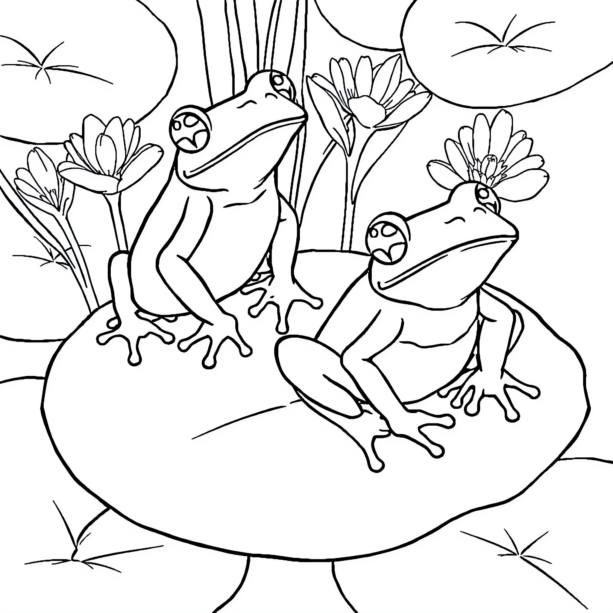 Frogs resting on lily pads amid blooming flowers Coloring Page (free black-and-white line drawing printable PDF for all, from beginners to advanced learners, including children, teens, adults, and seniors)