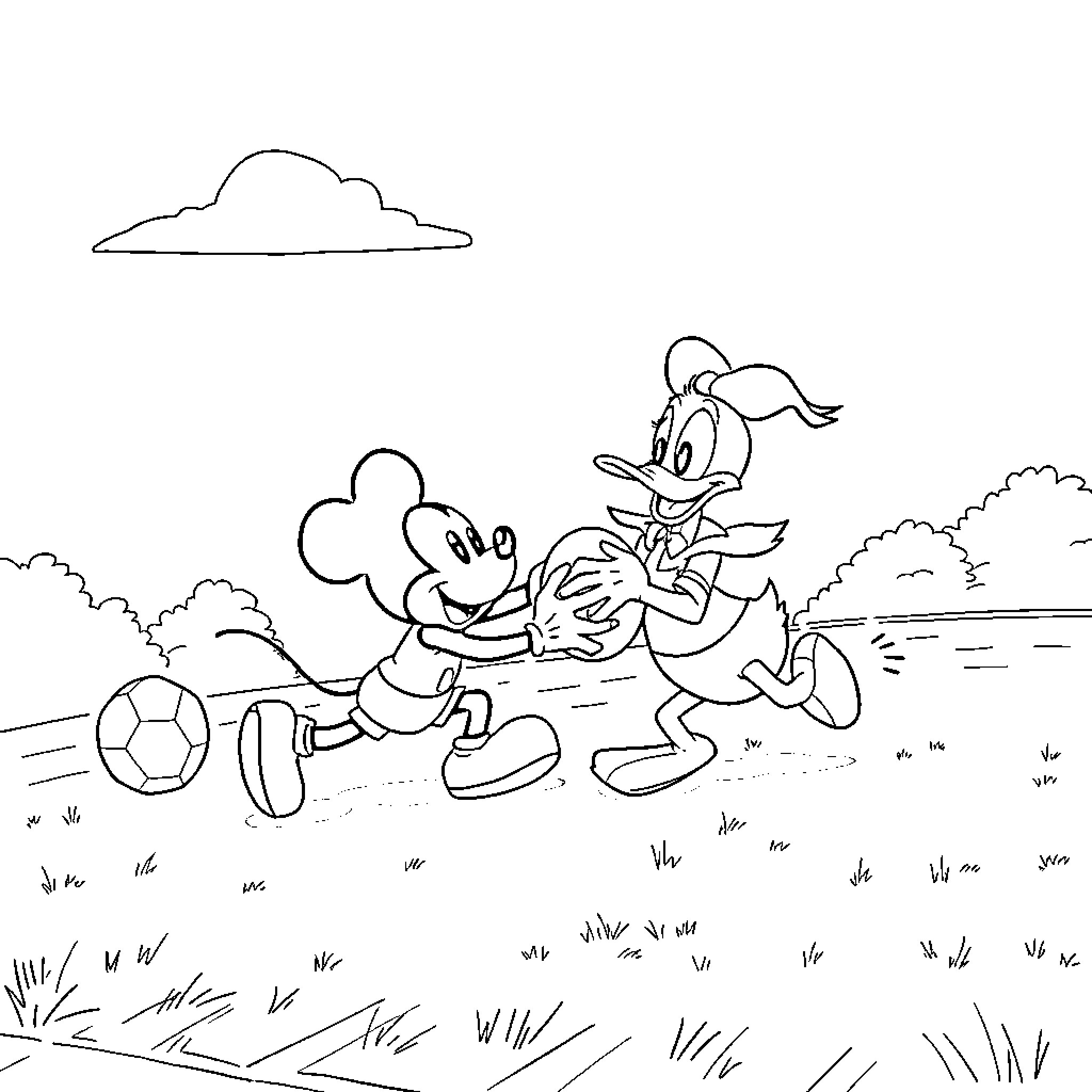 Disney Characters Playing Soccer in a Grassy Field Coloring Page (free black-and-white line drawing printable PDF for all, from beginners to advanced learners, including children, teens, adults, and seniors)