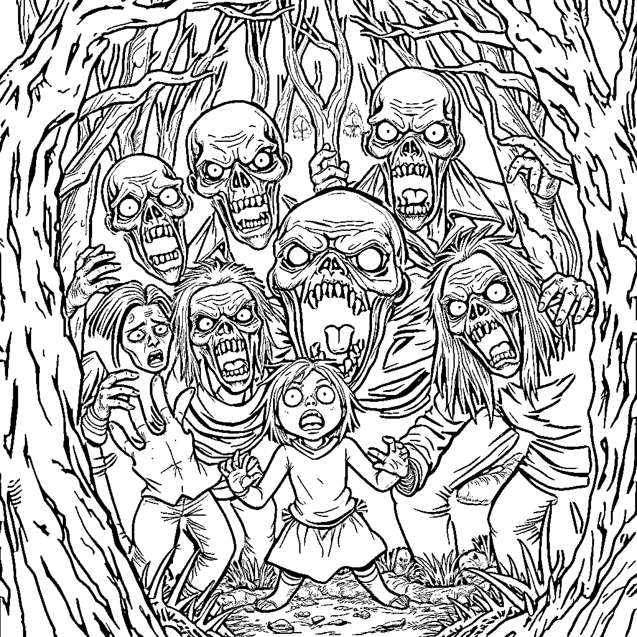 Horror Character Invasion of Frightening Undead Creatures Coloring Page (free black-and-white line drawing printable PDF for all, from beginners to advanced learners, including children, teens, adults, and seniors)