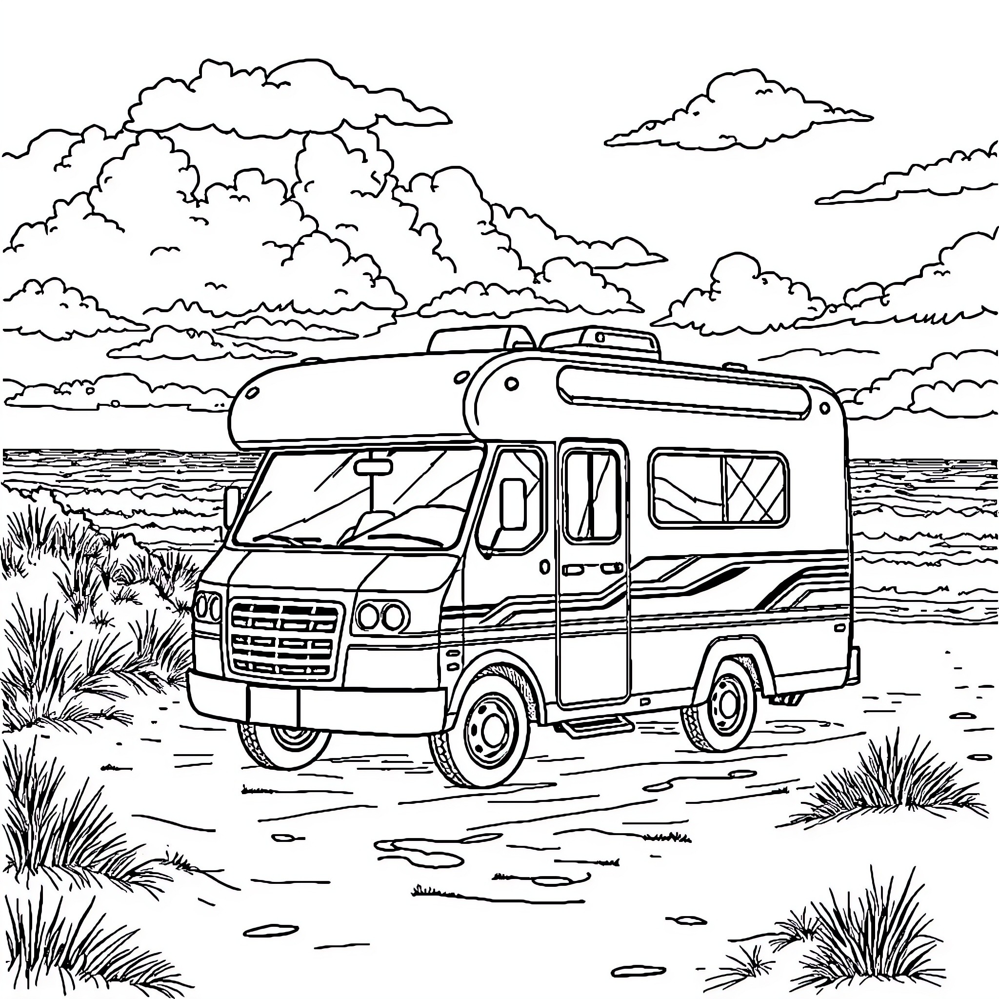 Motorhome traveling on a scenic beach route Coloring Page (free black-and-white line drawing printable PDF for all, from beginners to advanced learners, including children, teens, adults, and seniors)
