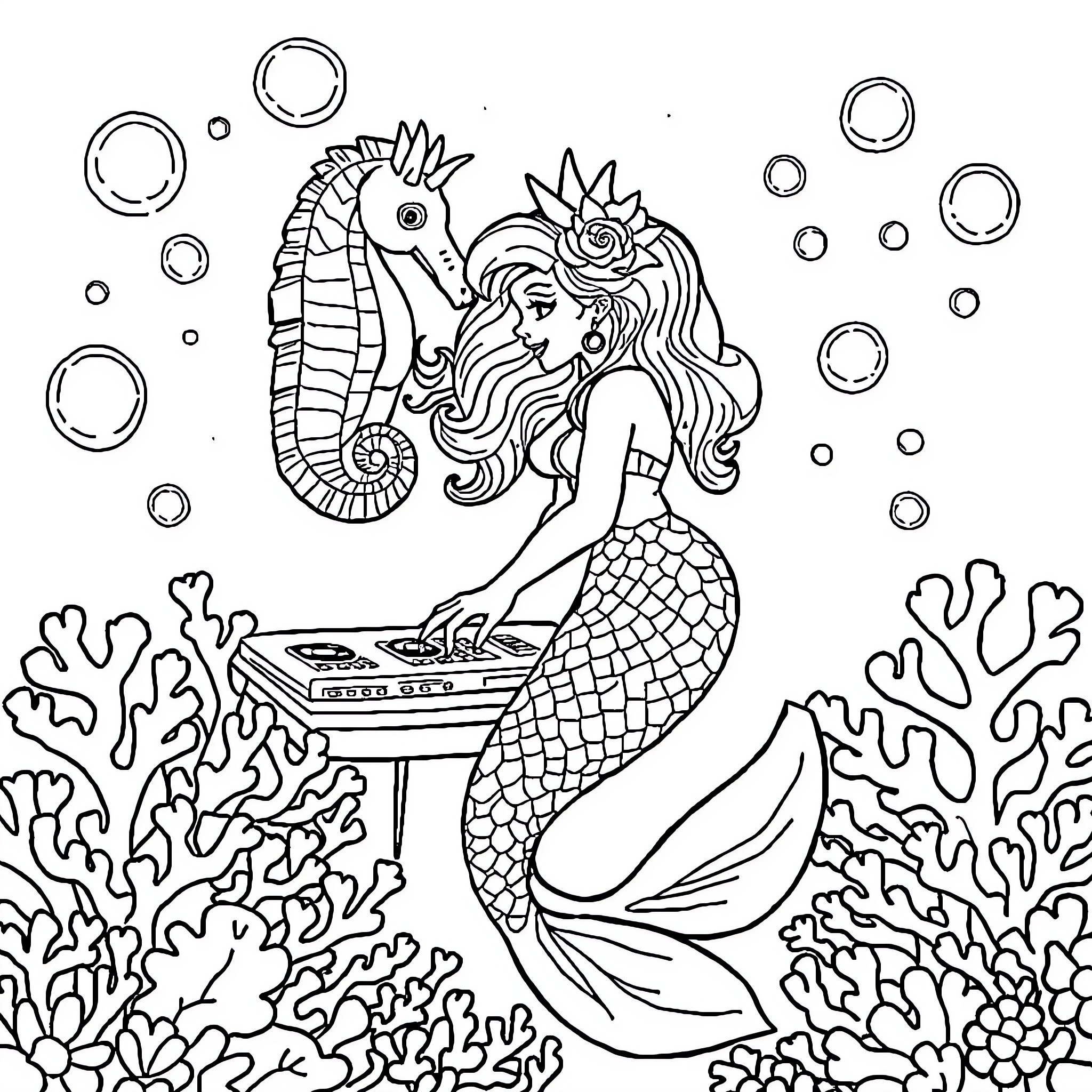 Mermaid Playing Music Among Coral Reef Coloring Page (free black-and-white line drawing printable PDF for all, from beginners to advanced learners, including children, teens, adults, and seniors)