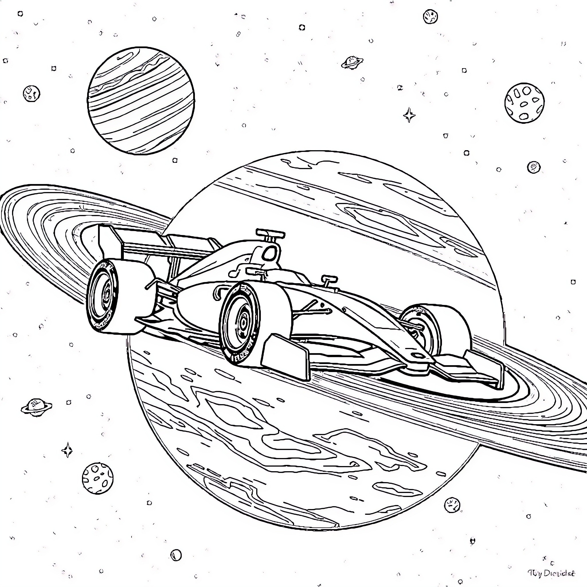 Formula 1 Car racing through cosmic landscape Coloring Page (free black-and-white line drawing printable PDF for all, from beginners to advanced learners, including children, teens, adults, and seniors)