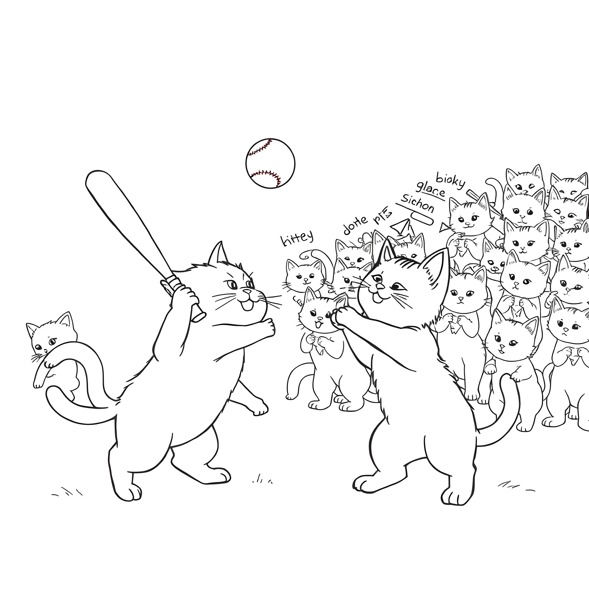 Cats playing baseball with their friends Coloring Page (free black-and-white line drawing printable PDF for all, from beginners to advanced learners, including children, teens, adults, and seniors)