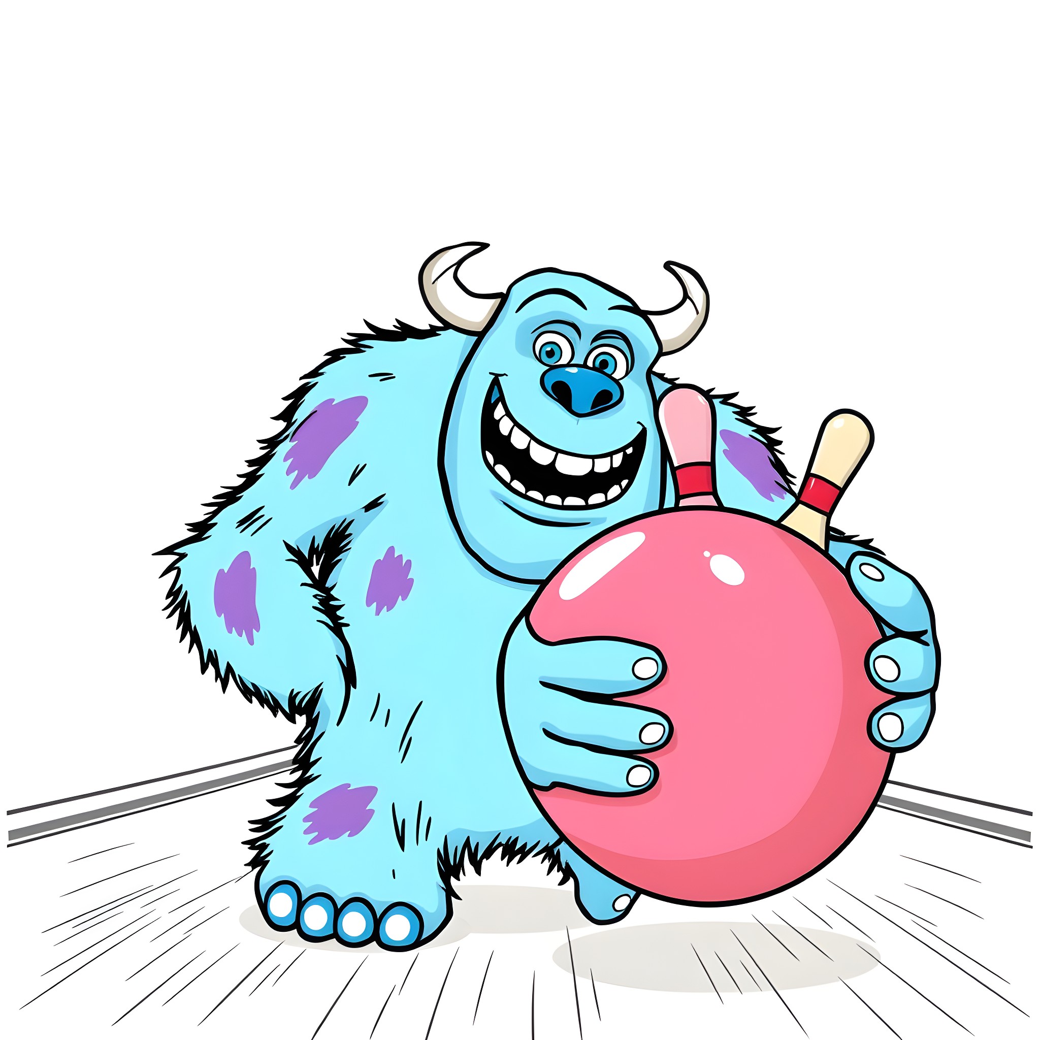 Sulley playing with a pink ball Coloring Page (free black-and-white line drawing printable PDF for all, from beginners to advanced learners, including children, teens, adults, and seniors)