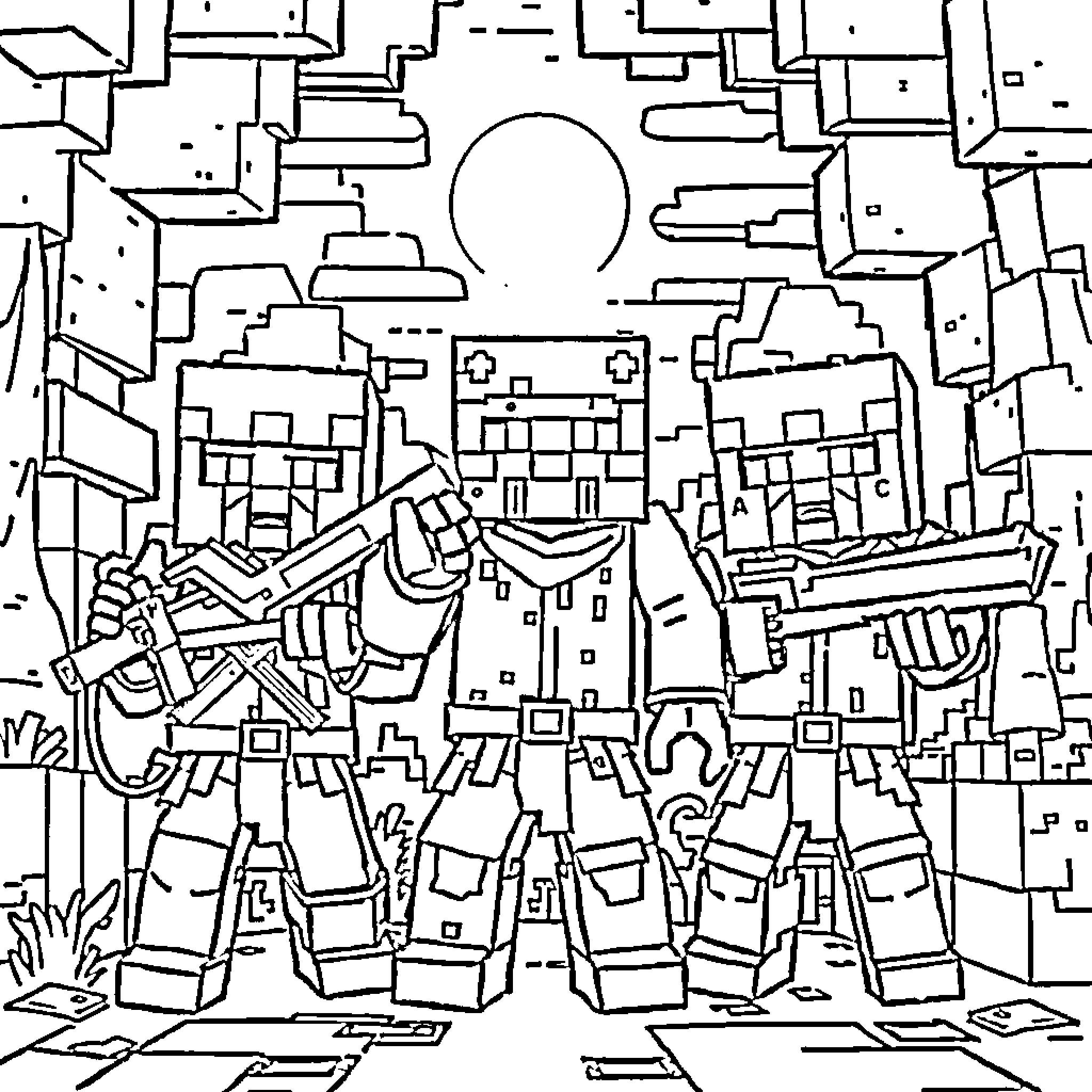 Ghostbusters team in action against paranormal entities Coloring Page (free black-and-white line drawing printable PDF for all, from beginners to advanced learners, including children, teens, adults, and seniors)