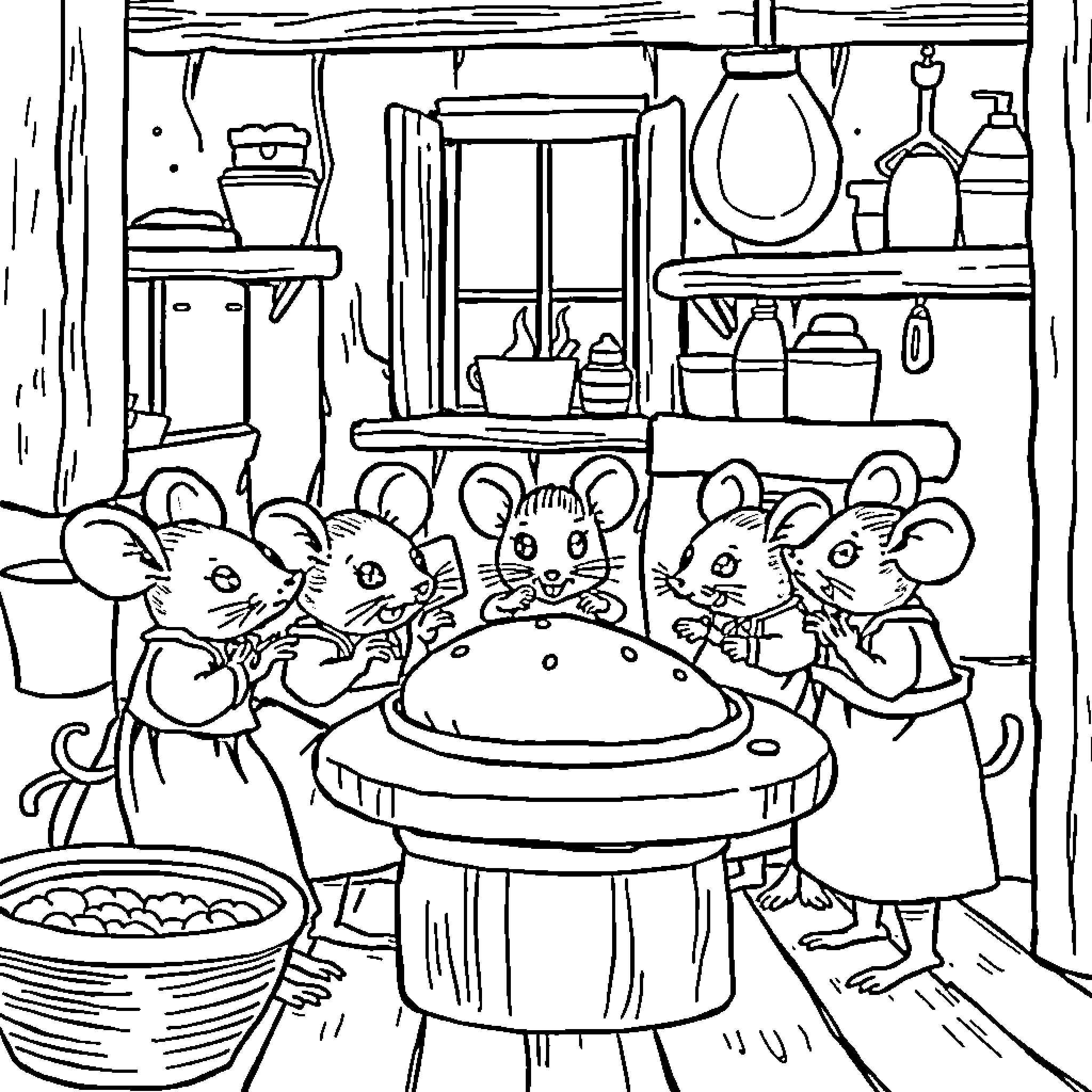 Mouse family baking treats in kitchen Coloring Page (free black-and-white line drawing printable PDF for all, from beginners to advanced learners, including children, teens, adults, and seniors)