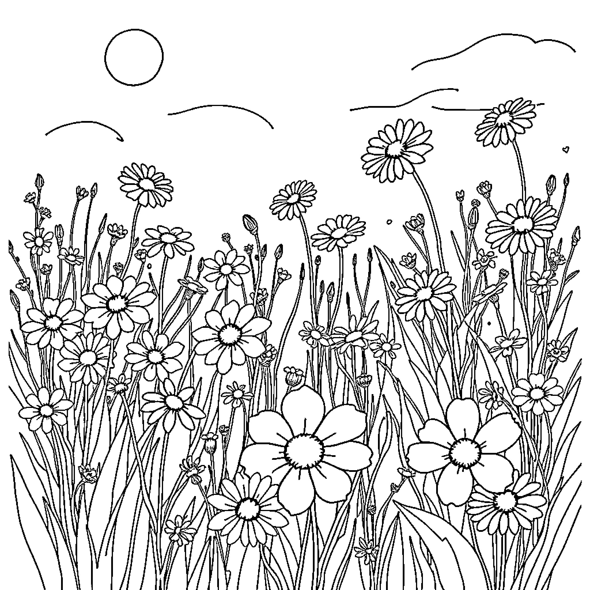 Flower field with blooming daisies Coloring Page (free black-and-white line drawing printable PDF for all, from beginners to advanced learners, including children, teens, adults, and seniors)