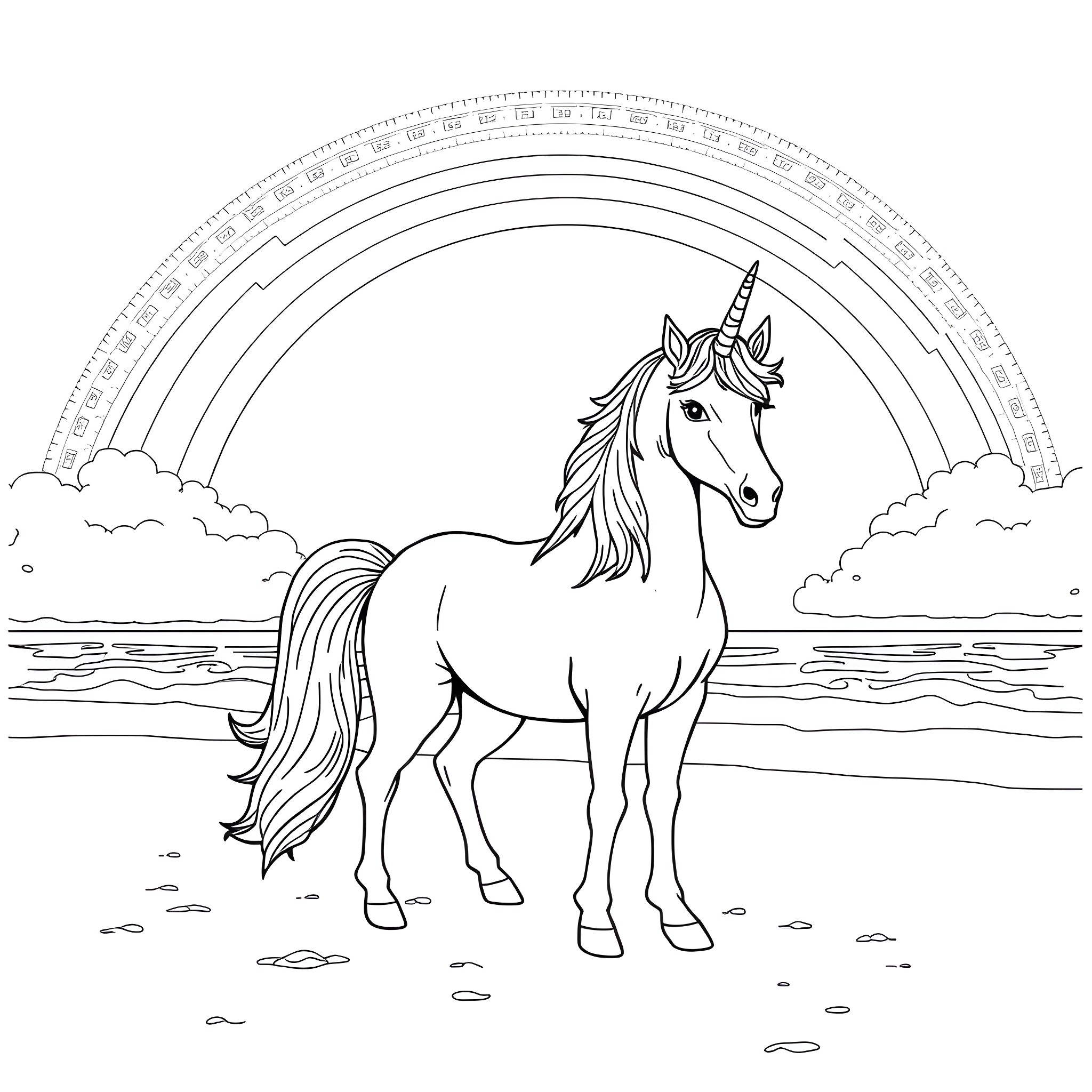 Unicorn standing majestically in a dreamlike landscape Coloring Page (free black-and-white line drawing printable PDF for all, from beginners to advanced learners, including children, teens, adults, and seniors)